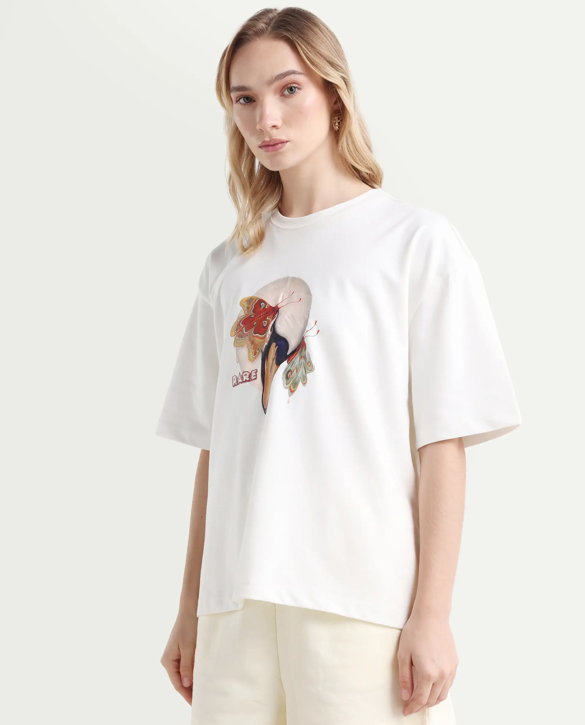 Rareism Women's Grail Off White Cotton Blend Crew Neck Graphic Print Oversized T-Shirt - Image 5