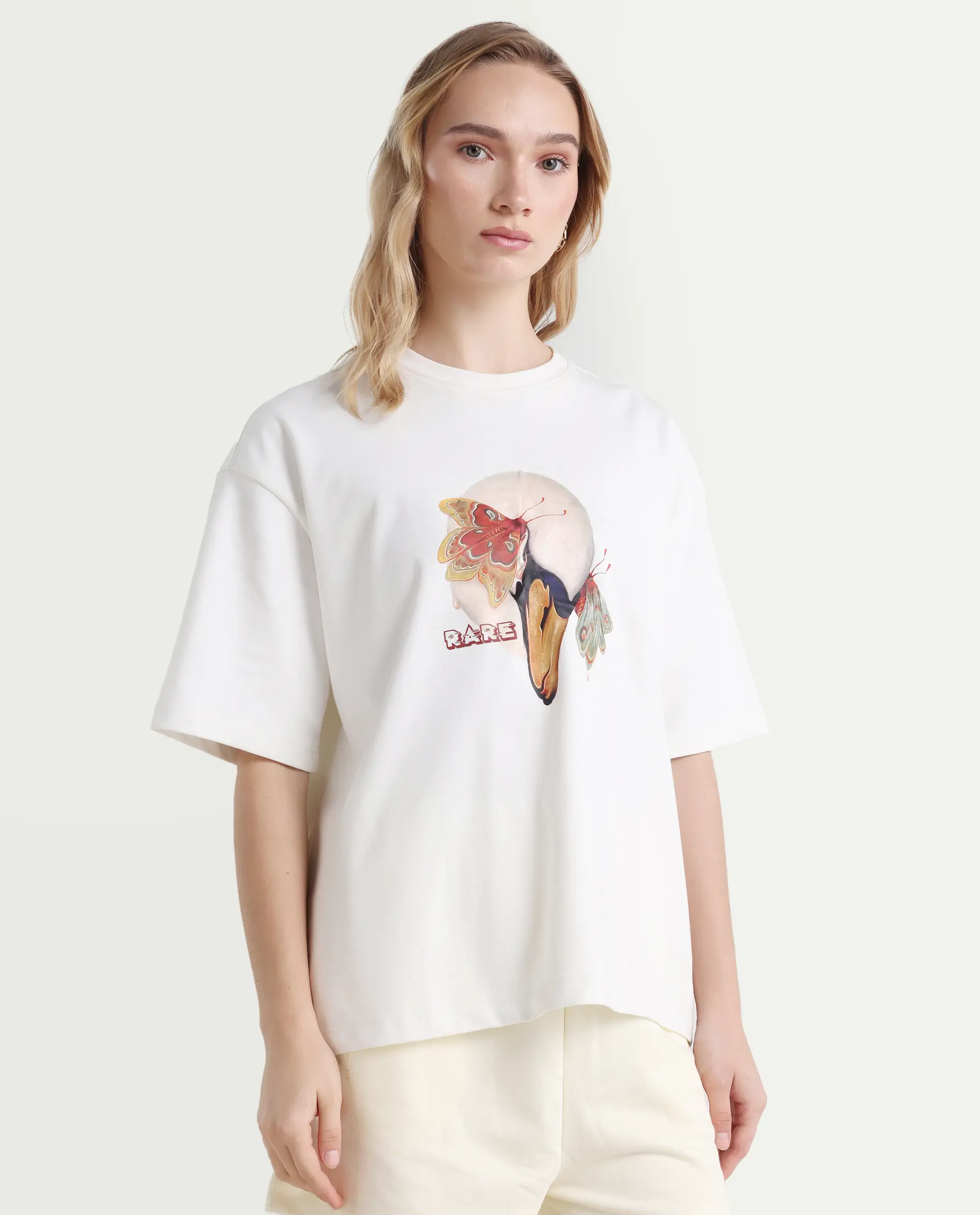 Rareism Women's Grail Off White Cotton Blend Crew Neck Graphic Print Oversized T-Shirt - Image 6