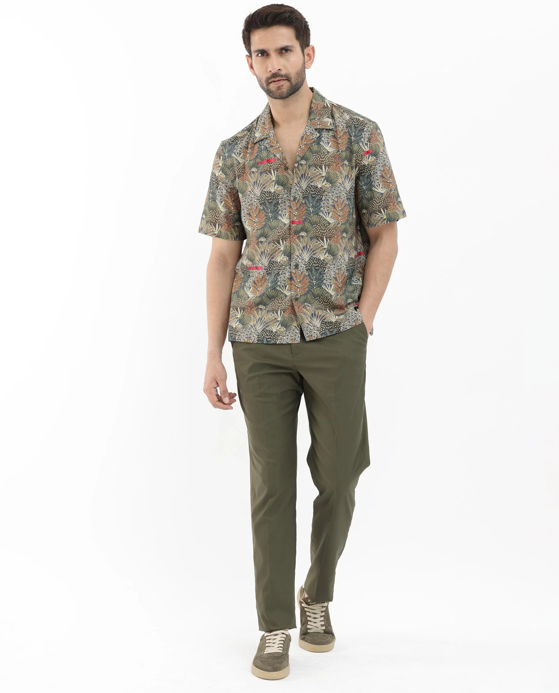 Rare Rabbit Men's Grake Light Olive Viscose Tropical Print Boxy Fit Half Sleeve Cuban Collar Shirt - Image 2