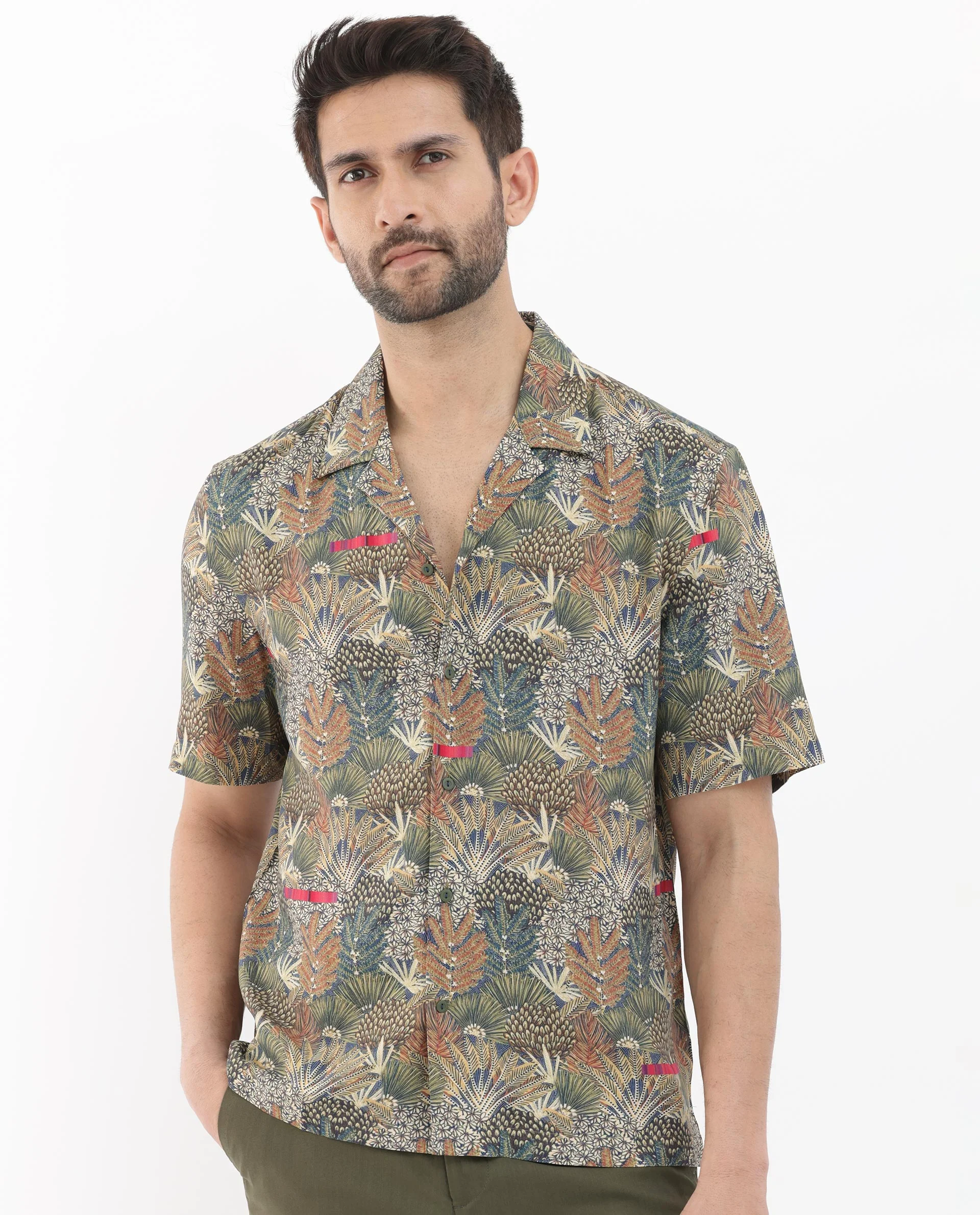 Rare Rabbit Men's Grake Light Olive Viscose Tropical Print Boxy Fit Half Sleeve Cuban Collar Shirt - Image 3