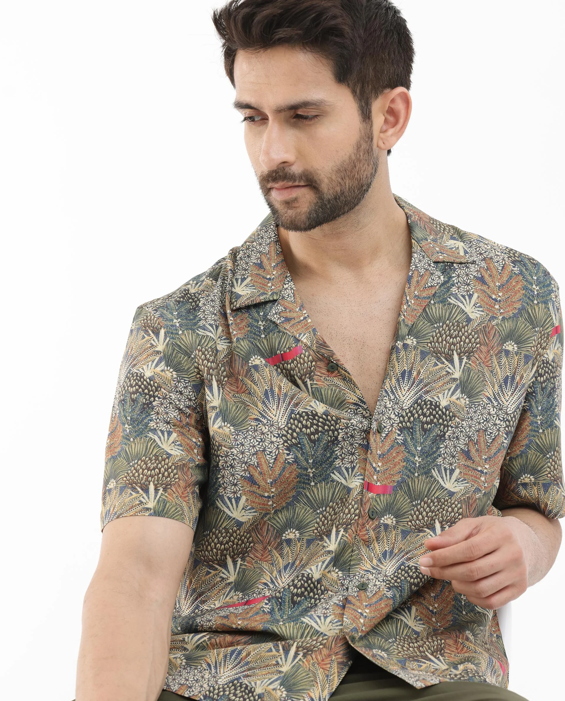 Rare Rabbit Men's Grake Light Olive Viscose Tropical Print Boxy Fit Half Sleeve Cuban Collar Shirt - Image 4