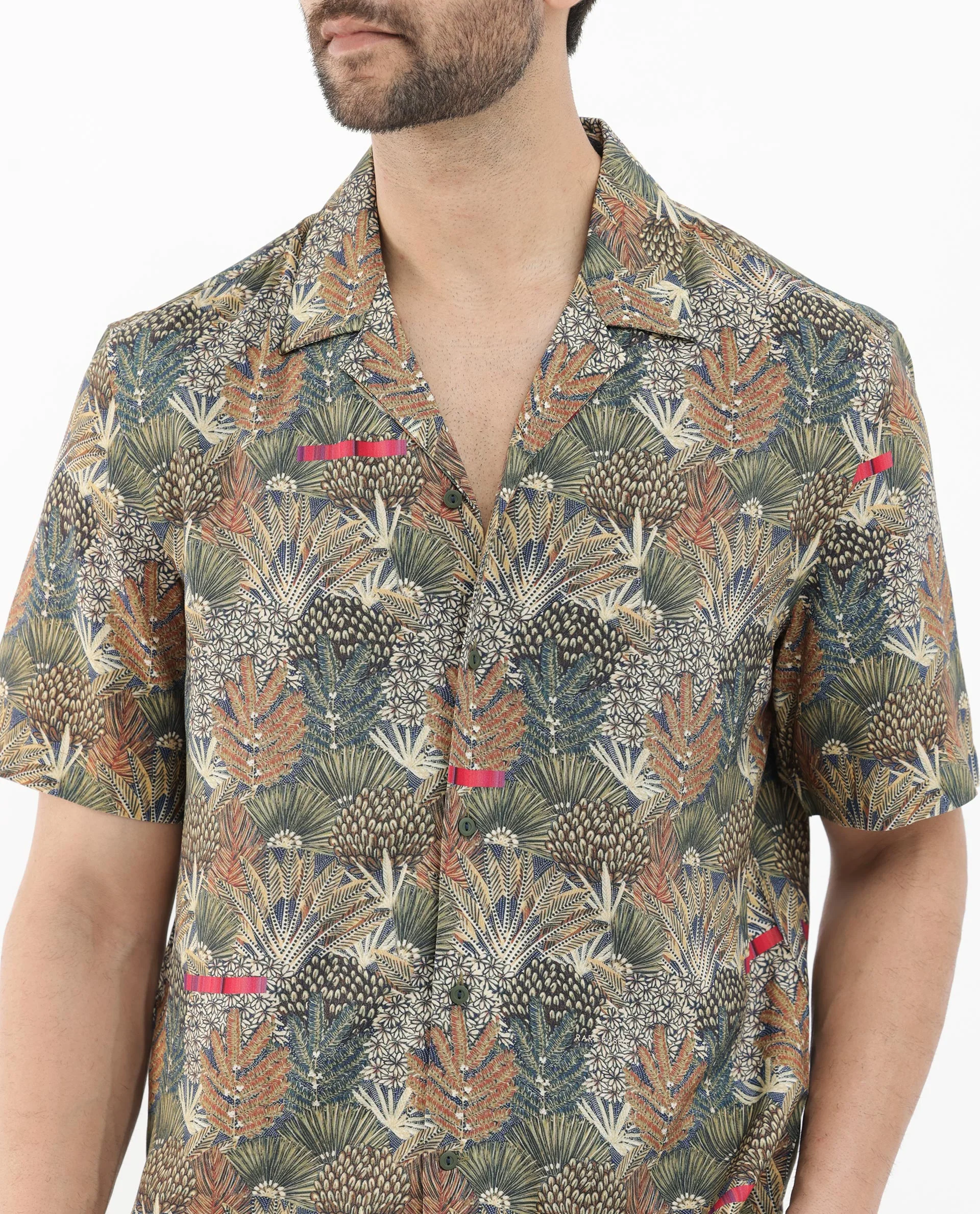Rare Rabbit Men's Grake Light Olive Viscose Tropical Print Boxy Fit Half Sleeve Cuban Collar Shirt - Image 5