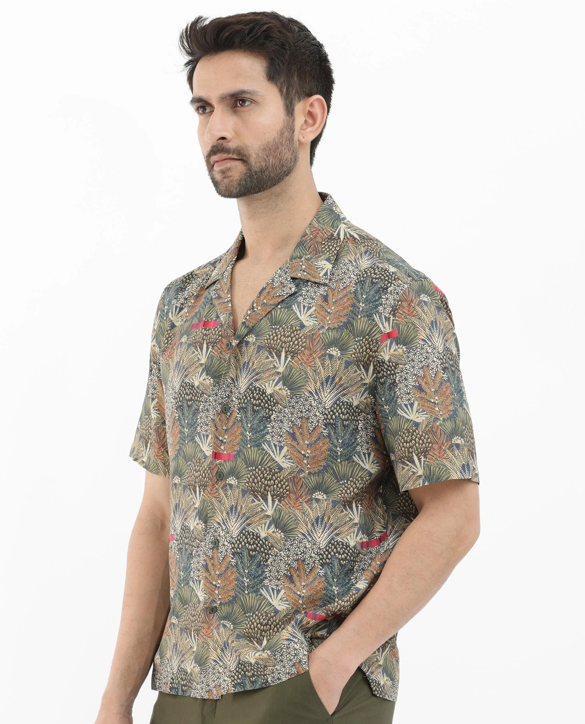 Rare Rabbit Men's Grake Light Olive Viscose Tropical Print Boxy Fit Half Sleeve Cuban Collar Shirt - Image 6