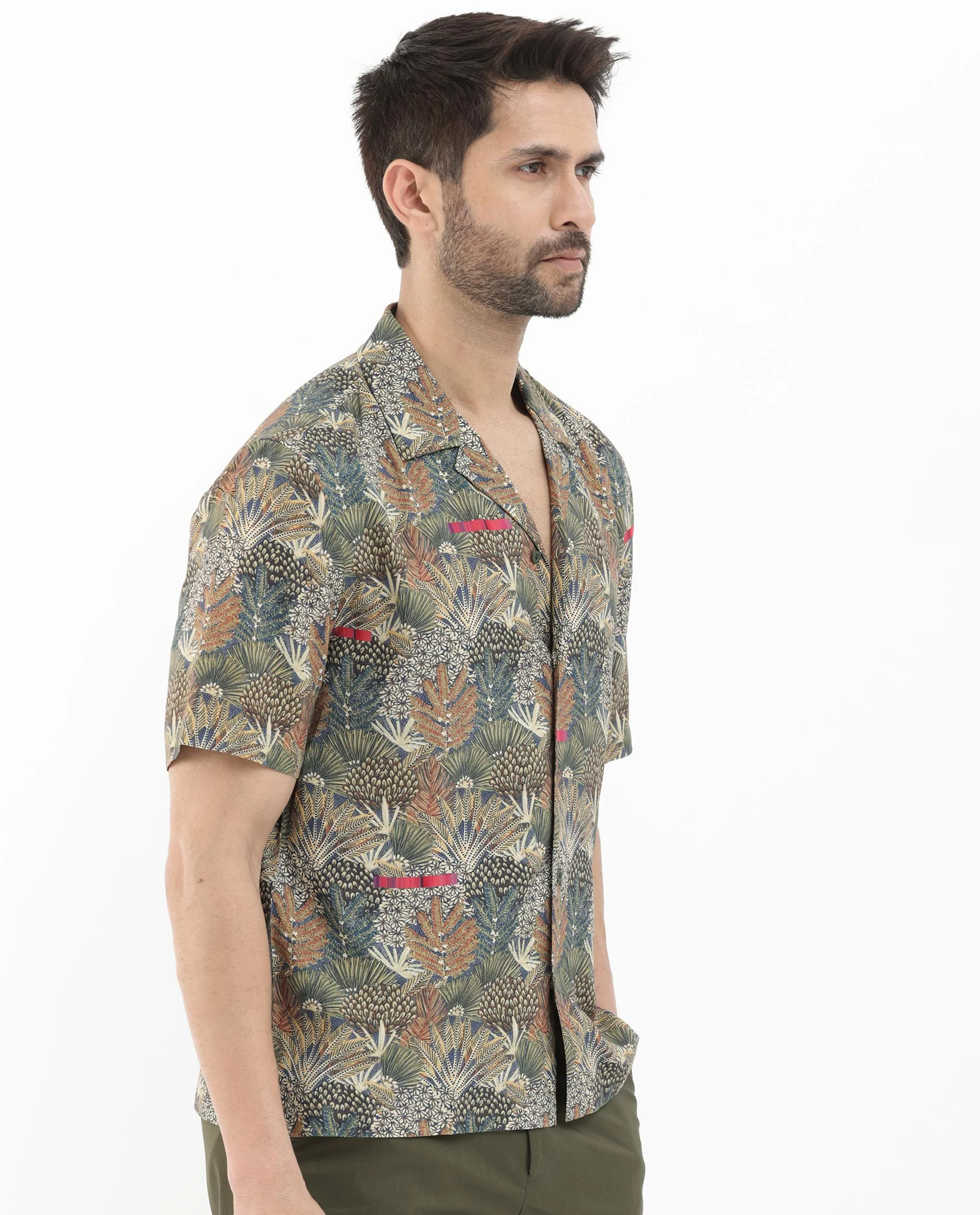 Rare Rabbit Men's Grake Light Olive Viscose Tropical Print Boxy Fit Half Sleeve Cuban Collar Shirt - Image 7