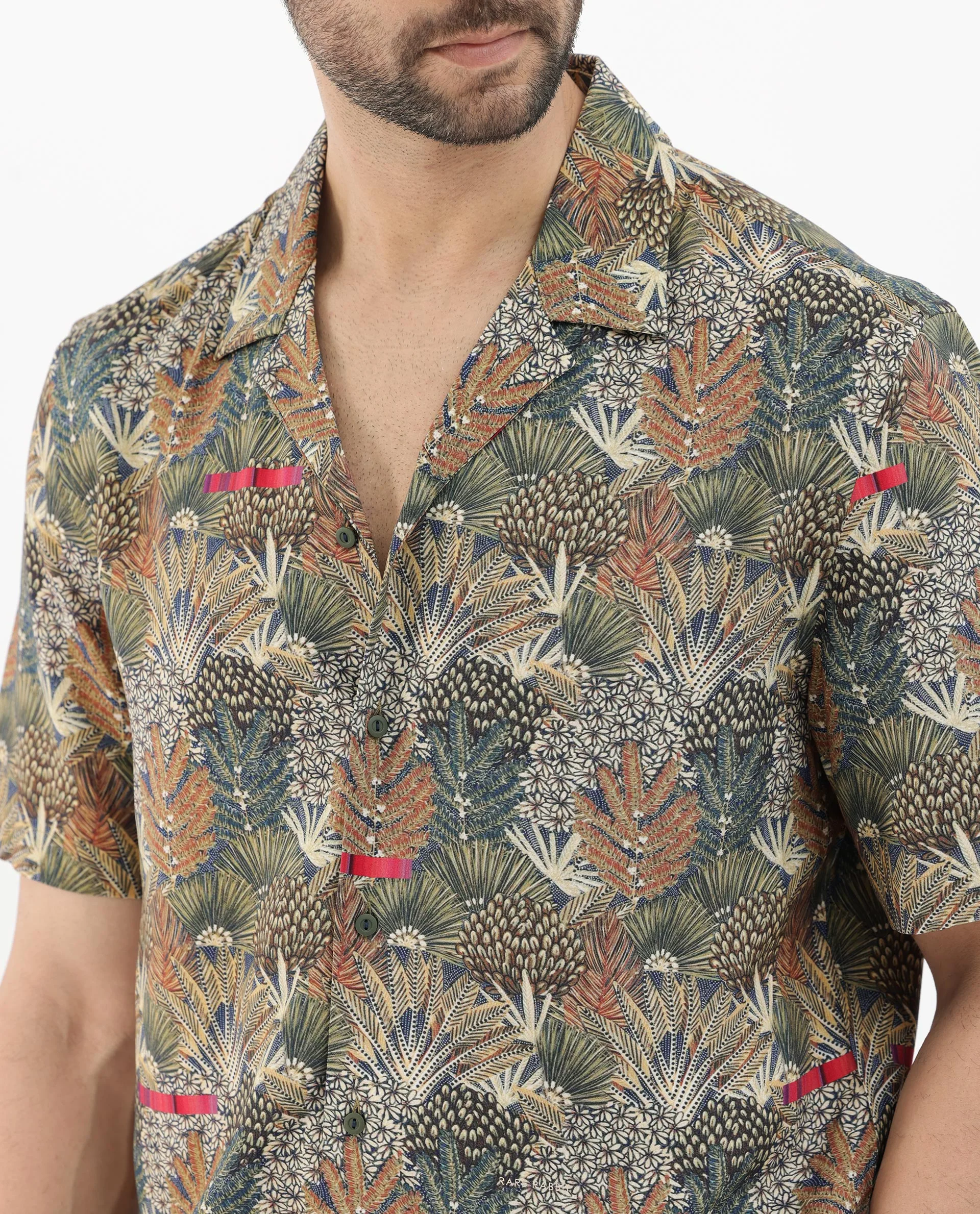 Rare Rabbit Men's Grake Light Olive Viscose Tropical Print Boxy Fit Half Sleeve Cuban Collar Shirt - Image 8