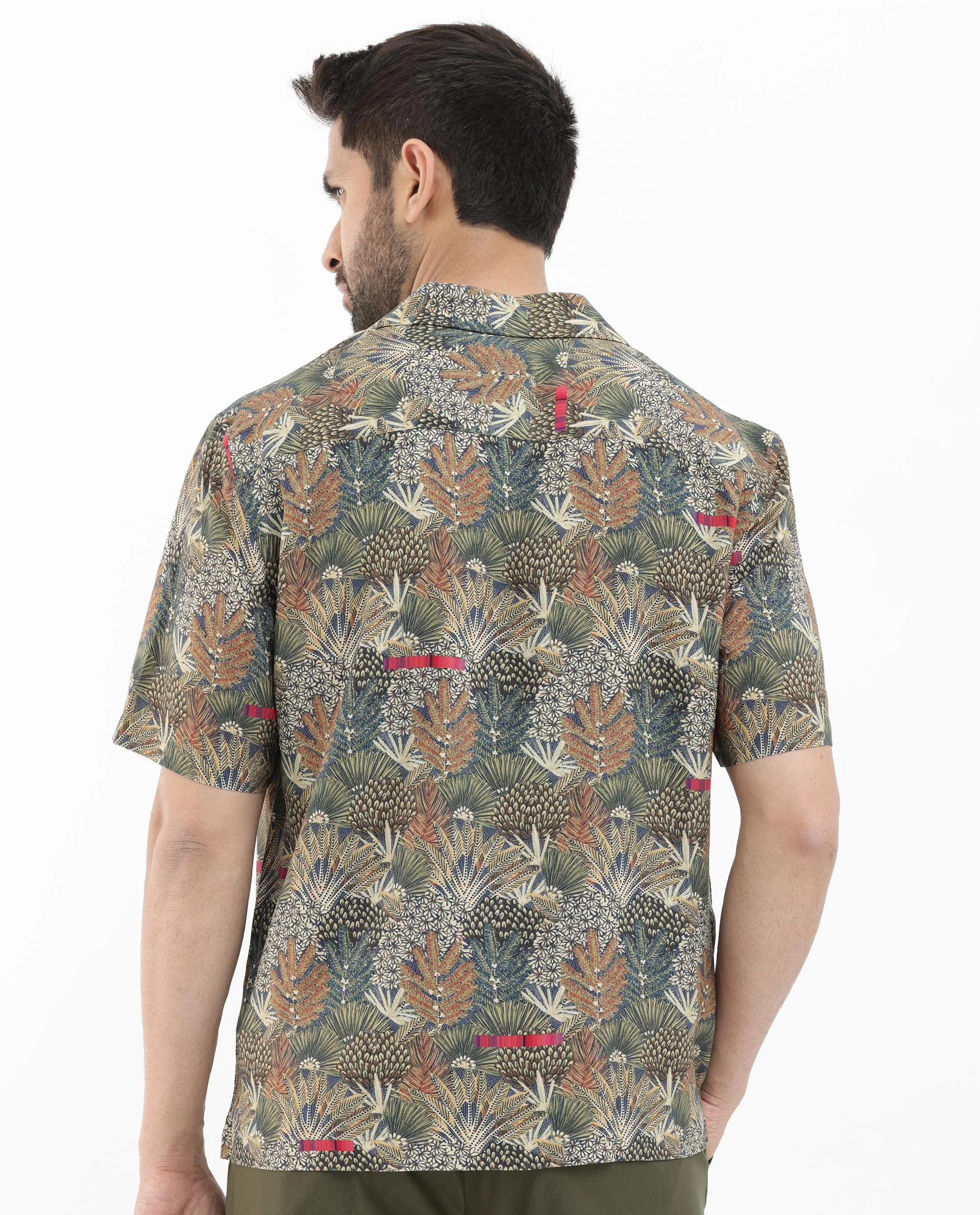 Rare Rabbit Men's Grake Light Olive Viscose Tropical Print Boxy Fit Half Sleeve Cuban Collar Shirt - Image 9