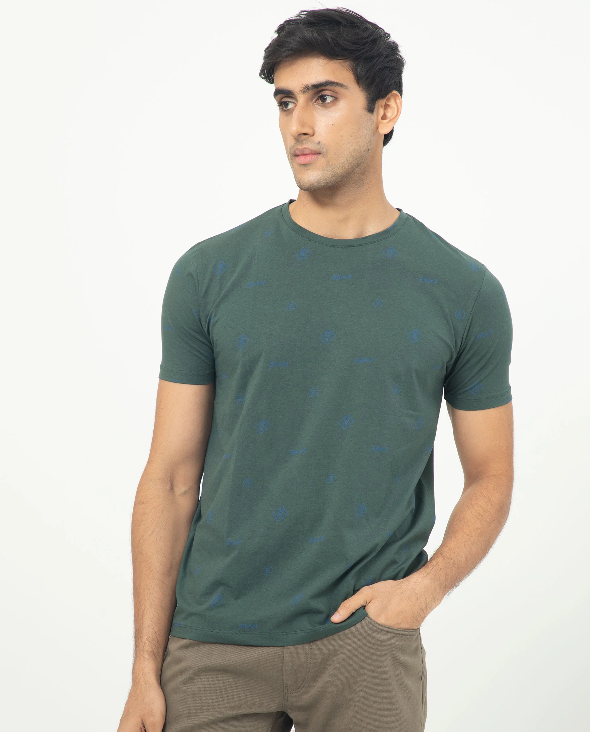 Rare Rabbit Men's Grammy Dark Green Cotton Monogram Print Slim Fit Half Sleeve Crew Neck T-Shirt - Image 2