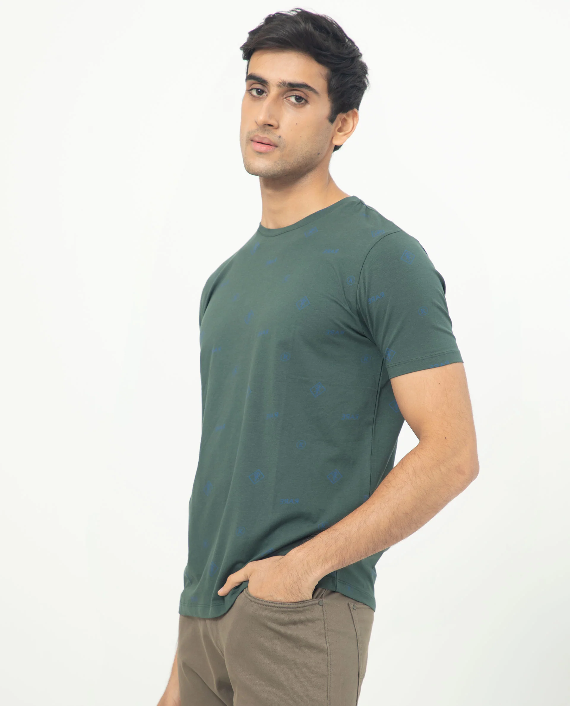 Rare Rabbit Men's Grammy Dark Green Cotton Monogram Print Slim Fit Half Sleeve Crew Neck T-Shirt - Image 3