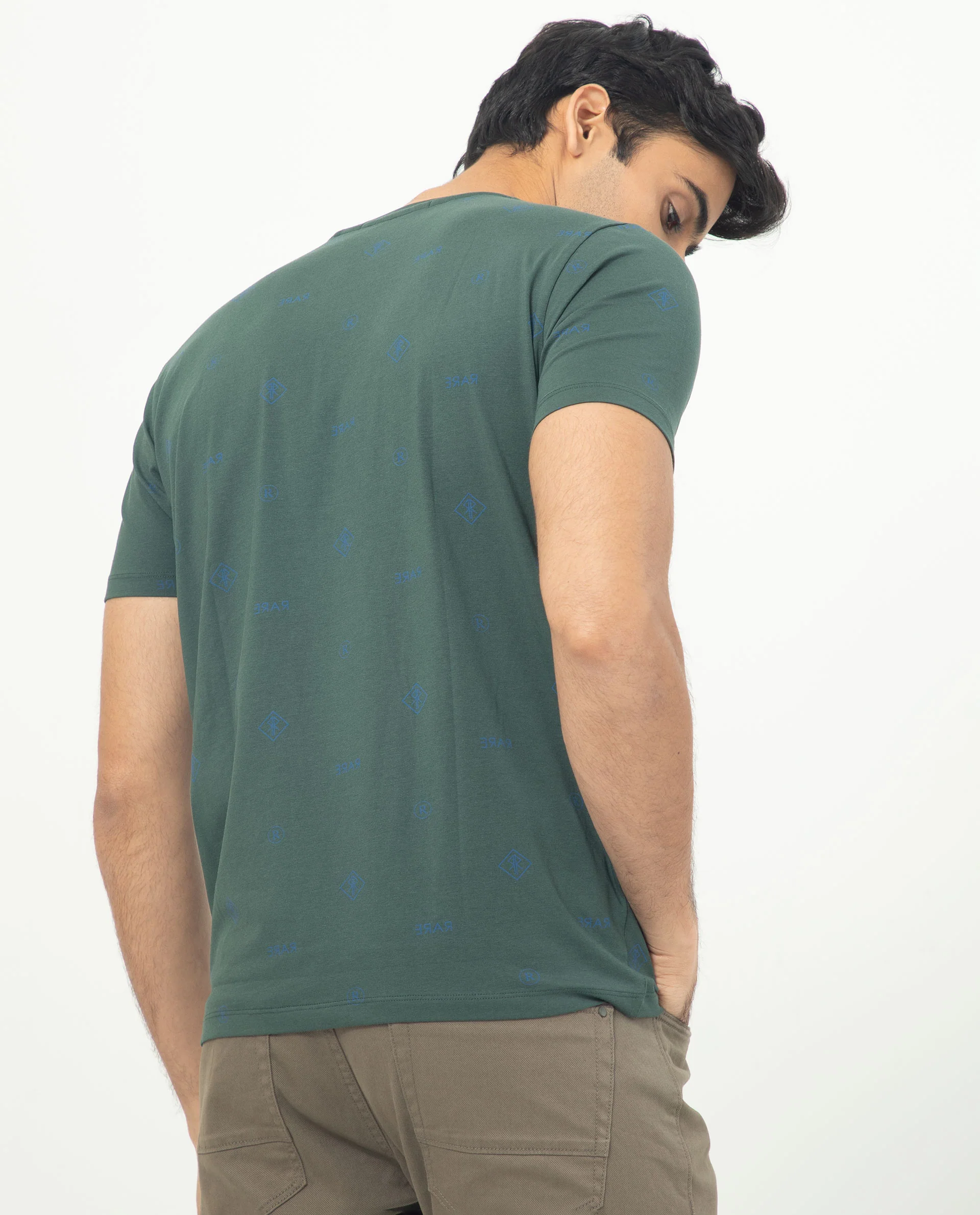 Rare Rabbit Men's Grammy Dark Green Cotton Monogram Print Slim Fit Half Sleeve Crew Neck T-Shirt - Image 6