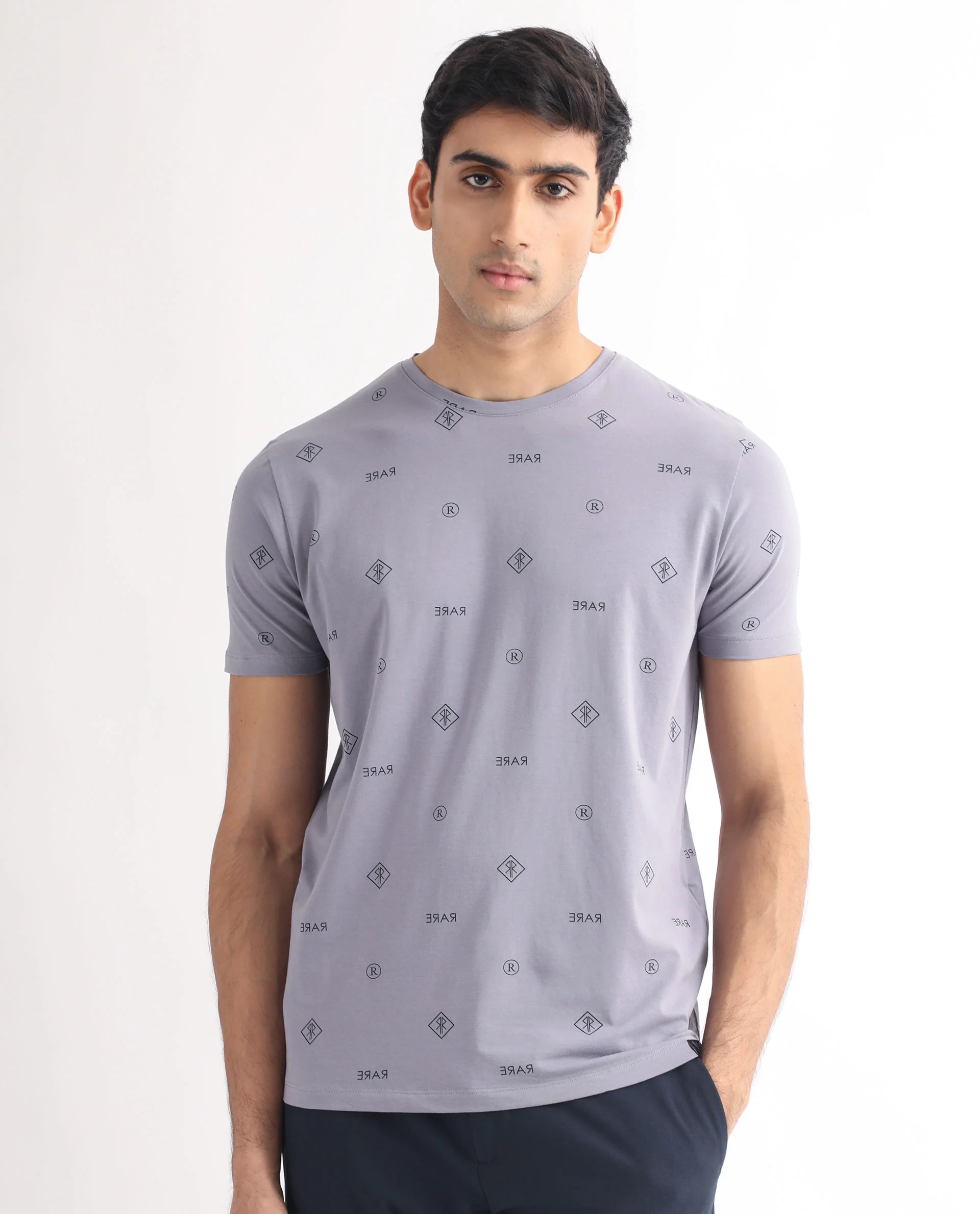 Rare Rabbit Men's Grammy Grey Cotton Monogram Print Slim Fit Half Sleeve Crew Neck T-Shirt - Image 2