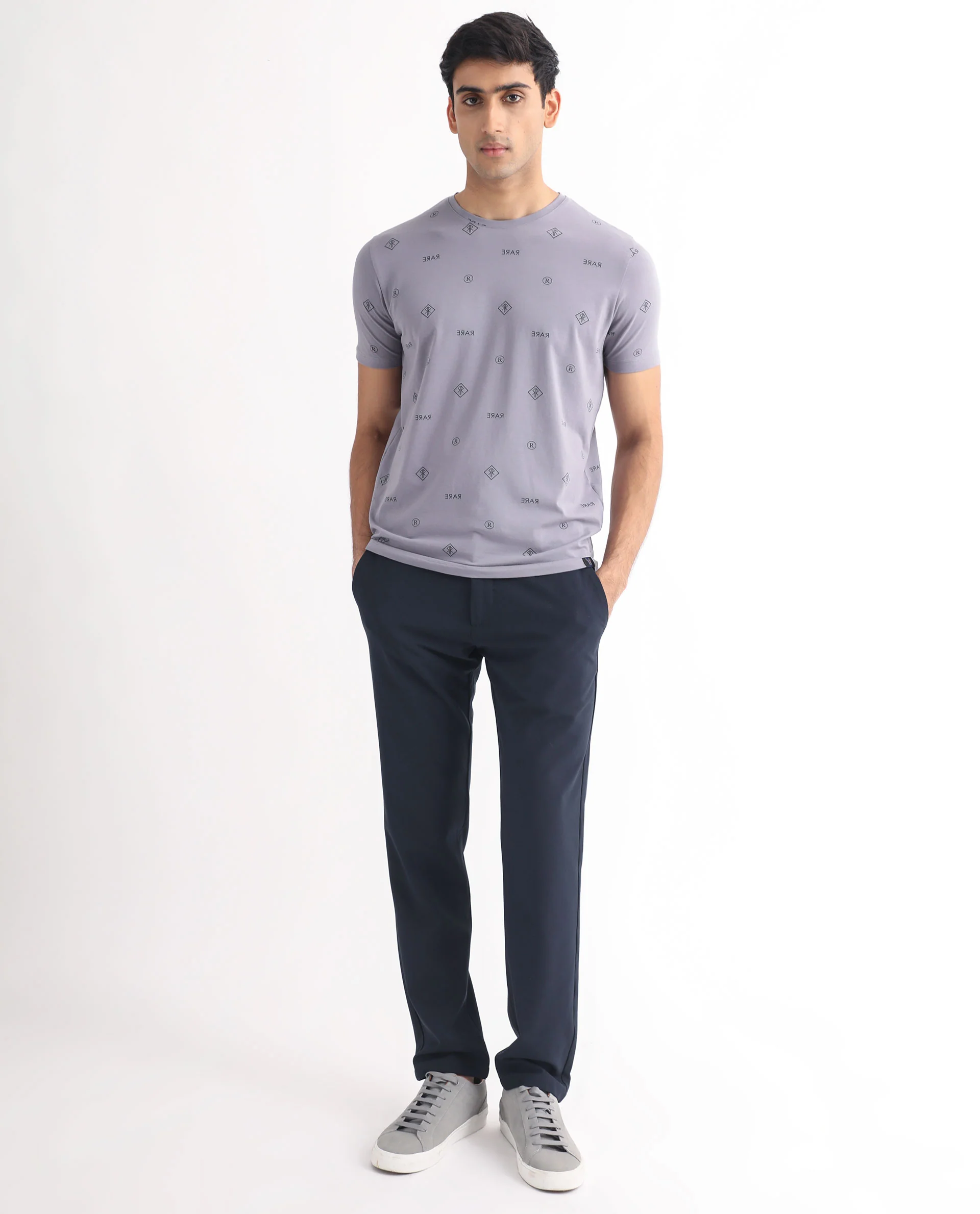 Rare Rabbit Men's Grammy Grey Cotton Monogram Print Slim Fit Half Sleeve Crew Neck T-Shirt - Image 3