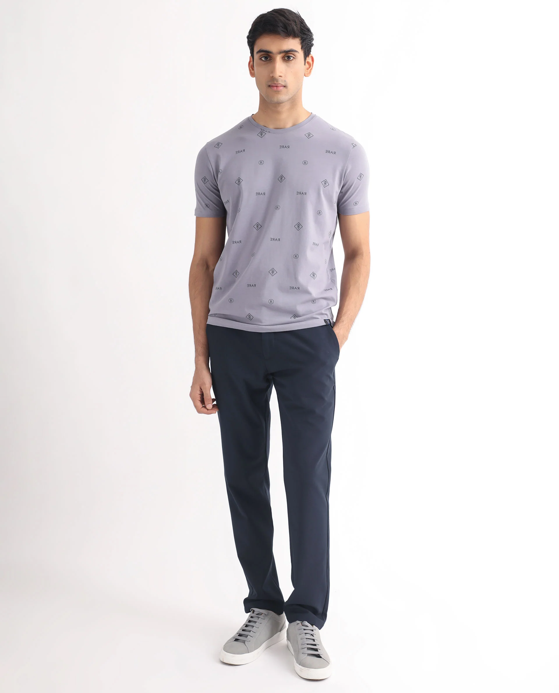 Rare Rabbit Men's Grammy Grey Cotton Monogram Print Slim Fit Half Sleeve Crew Neck T-Shirt - Image 4