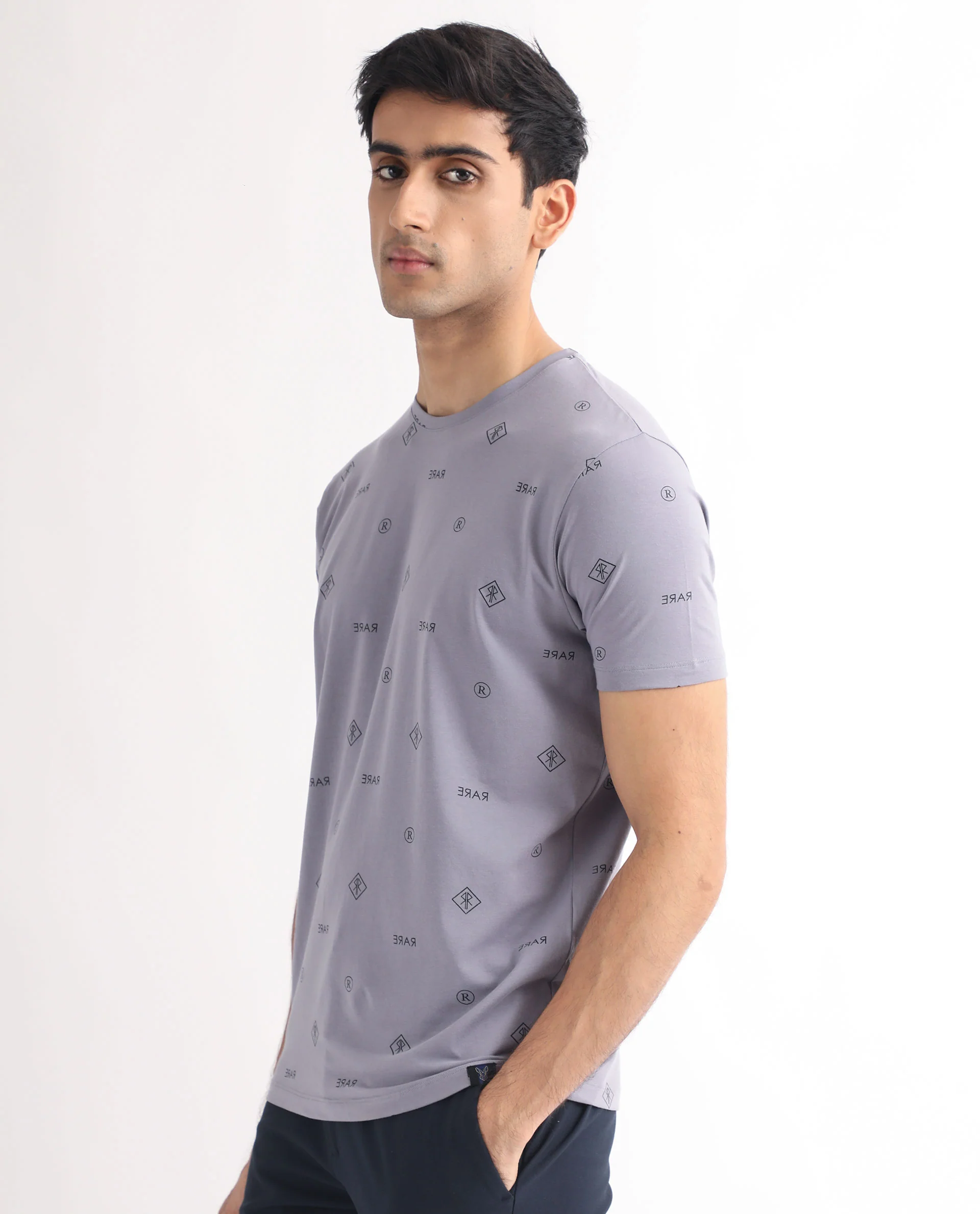 Rare Rabbit Men's Grammy Grey Cotton Monogram Print Slim Fit Half Sleeve Crew Neck T-Shirt - Image 5