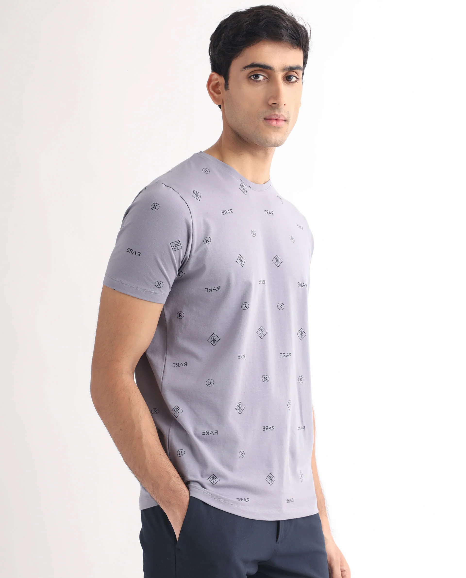 Rare Rabbit Men's Grammy Grey Cotton Monogram Print Slim Fit Half Sleeve Crew Neck T-Shirt - Image 6