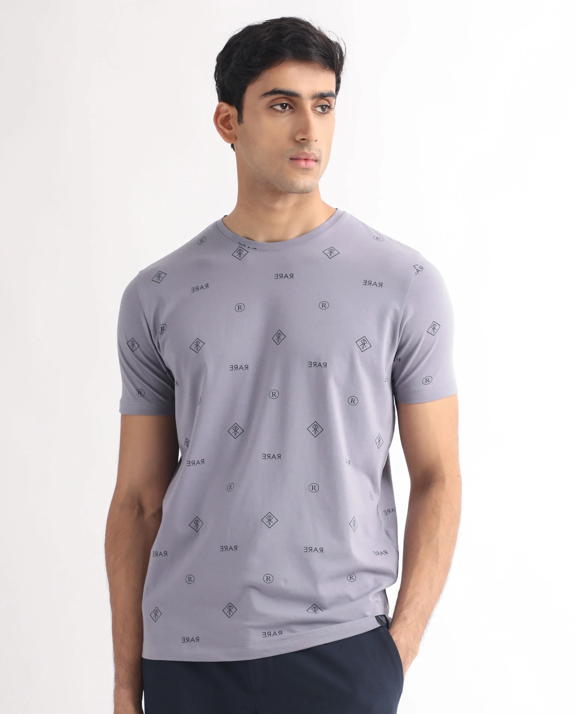 Rare Rabbit Men's Grammy Grey Cotton Monogram Print Slim Fit Half Sleeve Crew Neck T-Shirt - Image 7