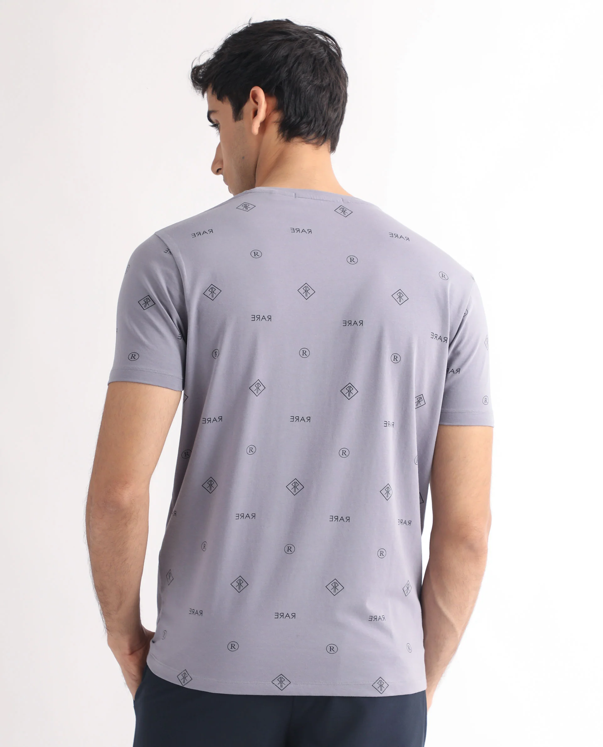 Rare Rabbit Men's Grammy Grey Cotton Monogram Print Slim Fit Half Sleeve Crew Neck T-Shirt - Image 8