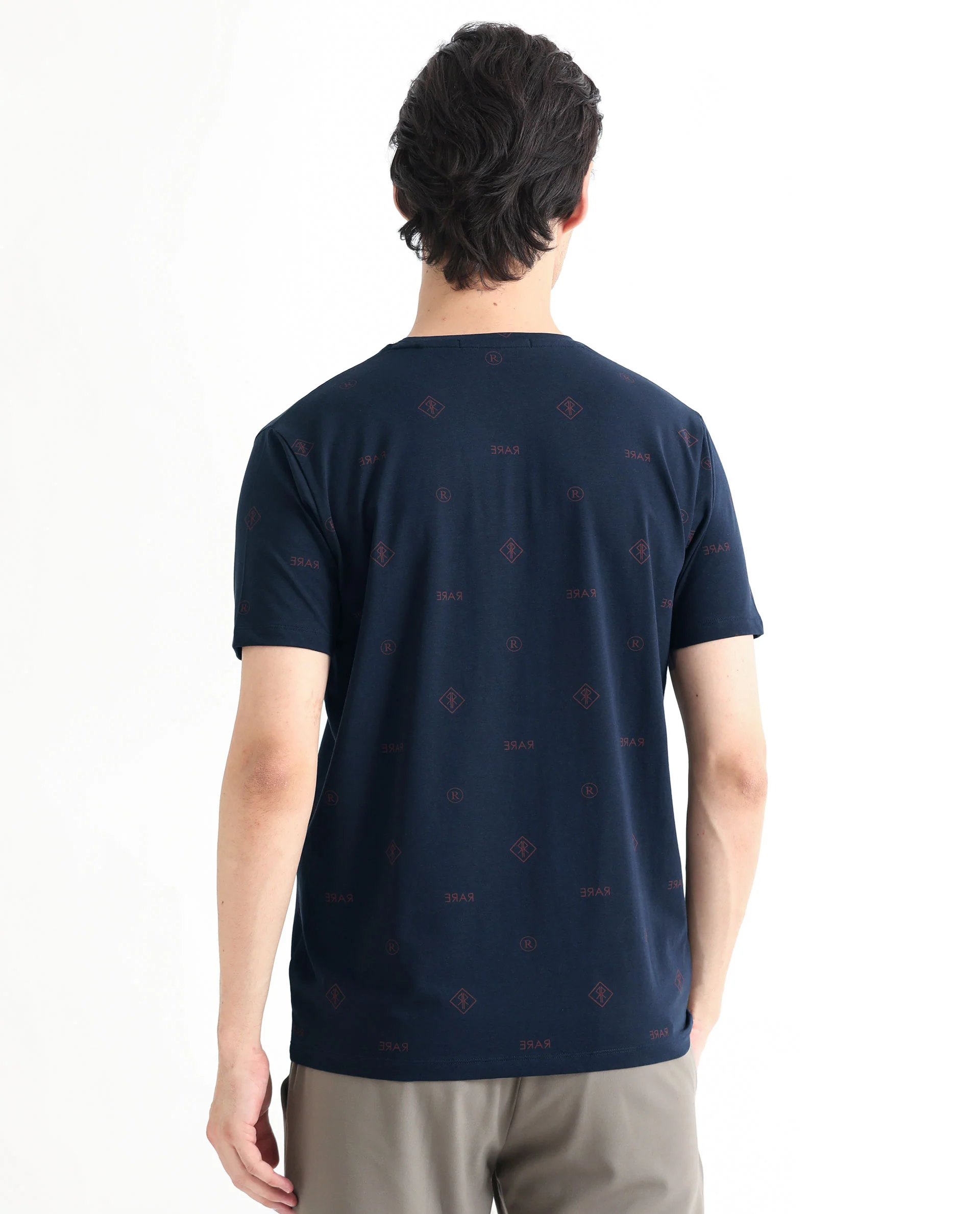 Rare Rabbit Men's Grammy Navy Cotton Monogram Print Slim Fit Half Sleeve Crew Neck T-Shirt - Image 10