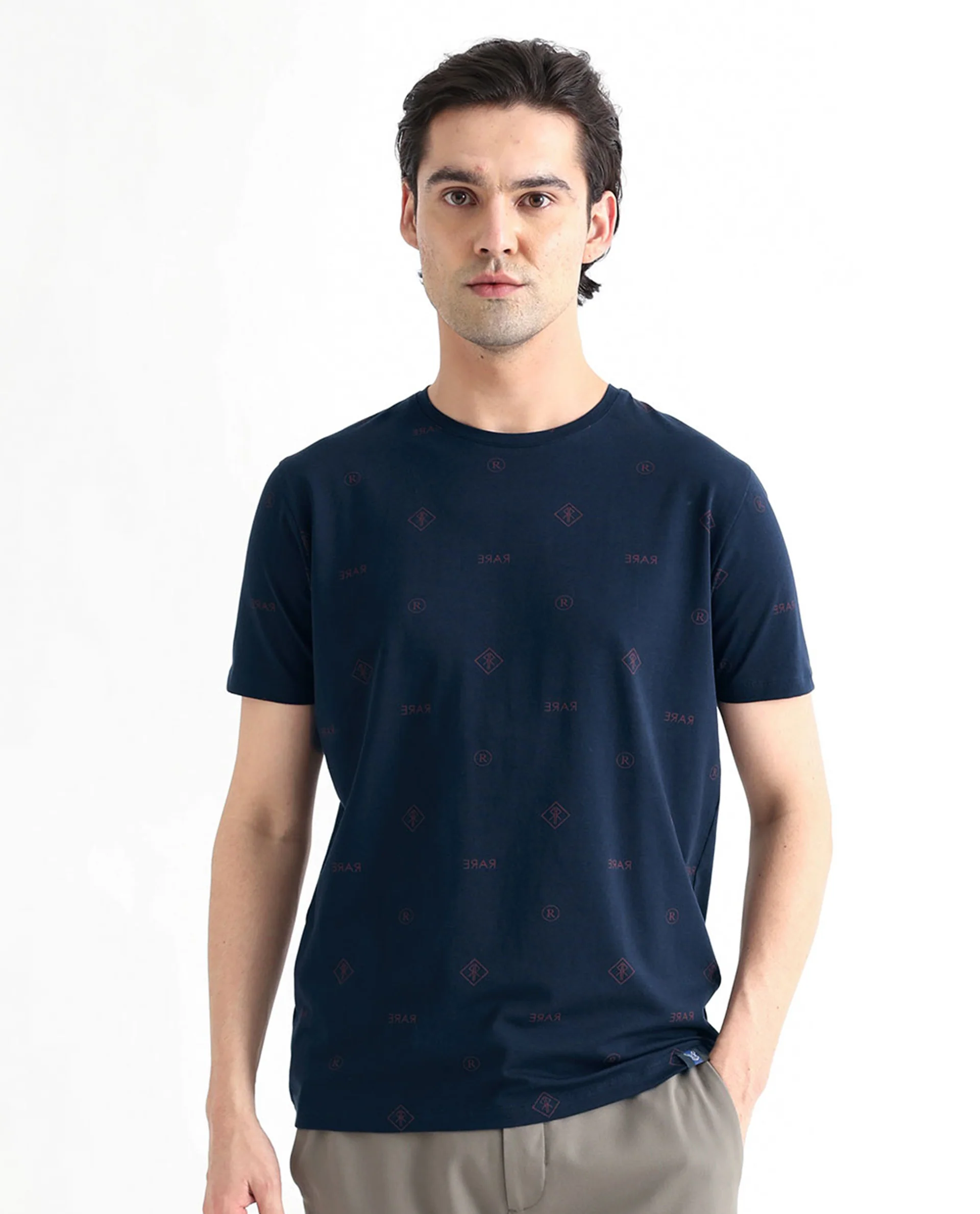 Rare Rabbit Men's Grammy Navy Cotton Monogram Print Slim Fit Half Sleeve Crew Neck T-Shirt - Image 2