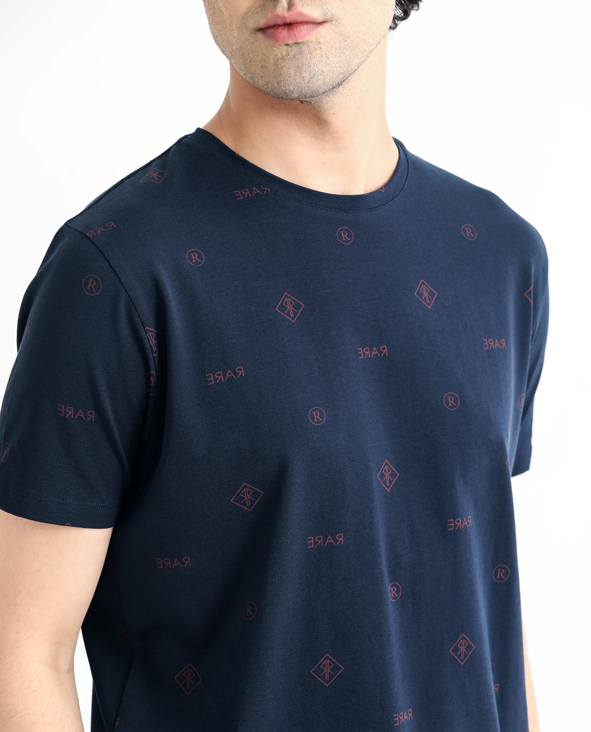 Rare Rabbit Men's Grammy Navy Cotton Monogram Print Slim Fit Half Sleeve Crew Neck T-Shirt - Image 3
