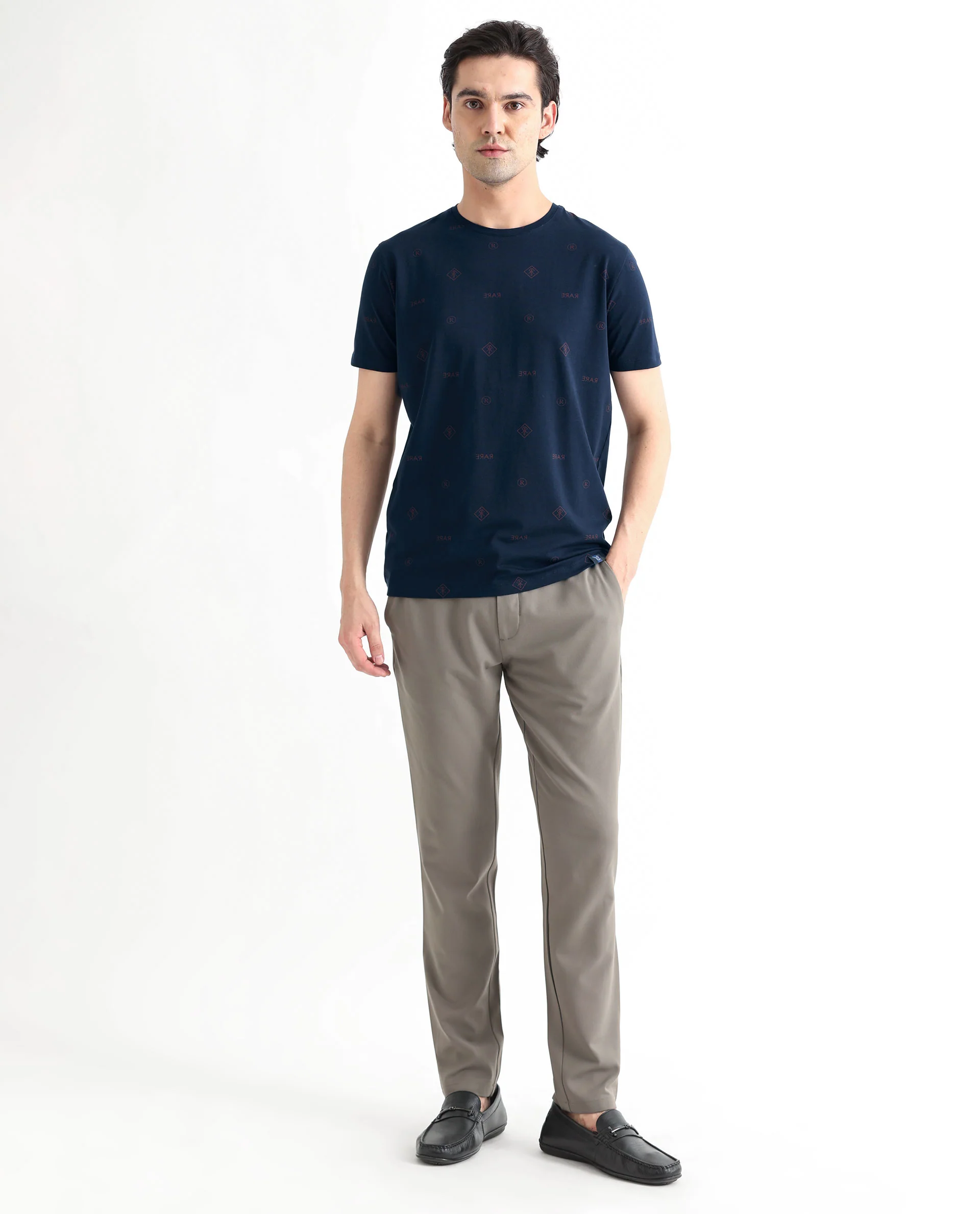 Rare Rabbit Men's Grammy Navy Cotton Monogram Print Slim Fit Half Sleeve Crew Neck T-Shirt - Image 4