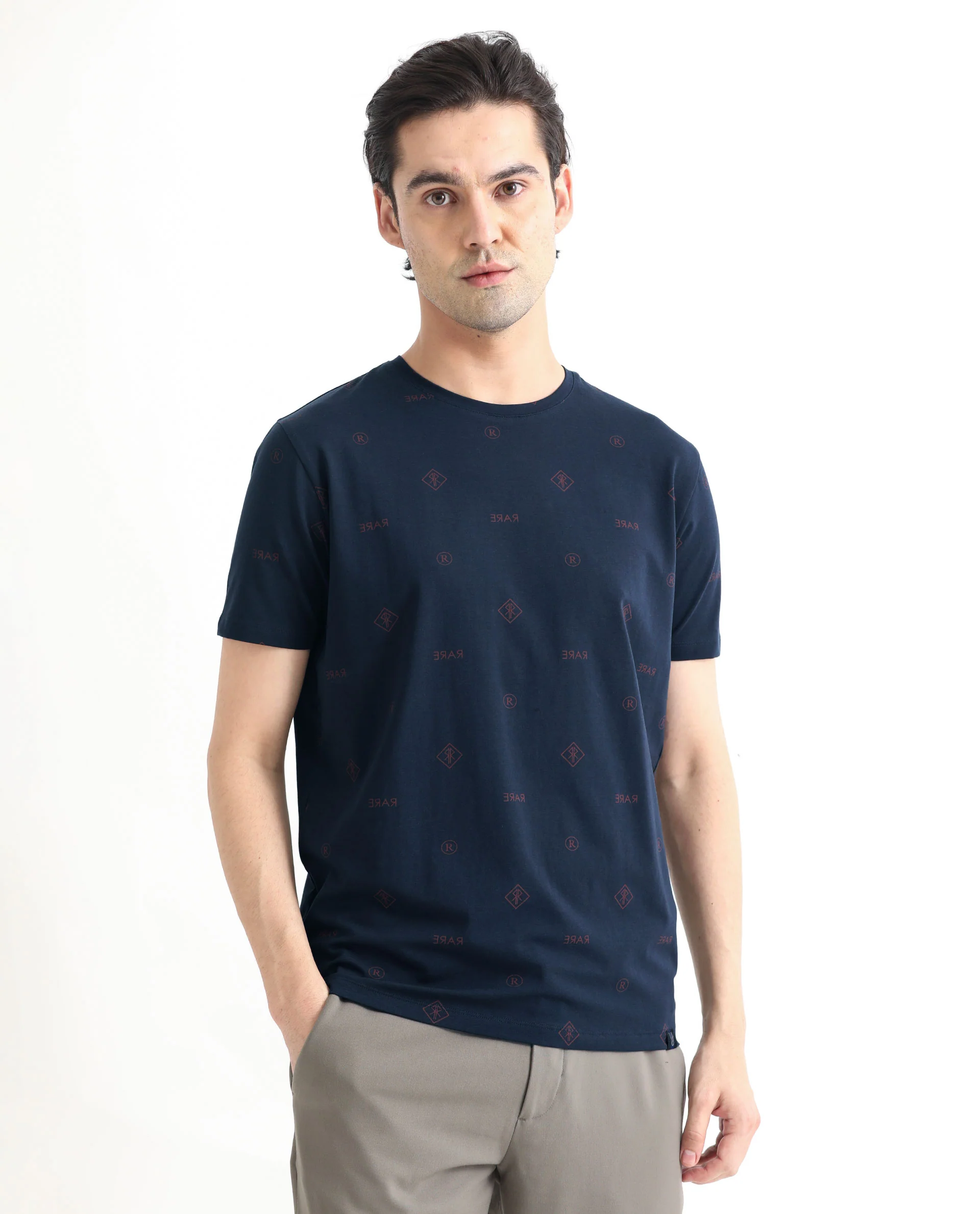 Rare Rabbit Men's Grammy Navy Cotton Monogram Print Slim Fit Half Sleeve Crew Neck T-Shirt - Image 5