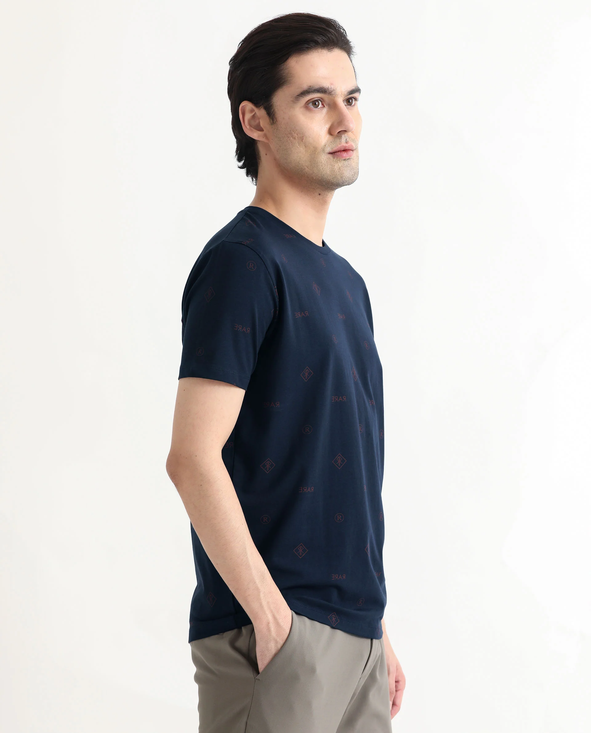 Rare Rabbit Men's Grammy Navy Cotton Monogram Print Slim Fit Half Sleeve Crew Neck T-Shirt - Image 6