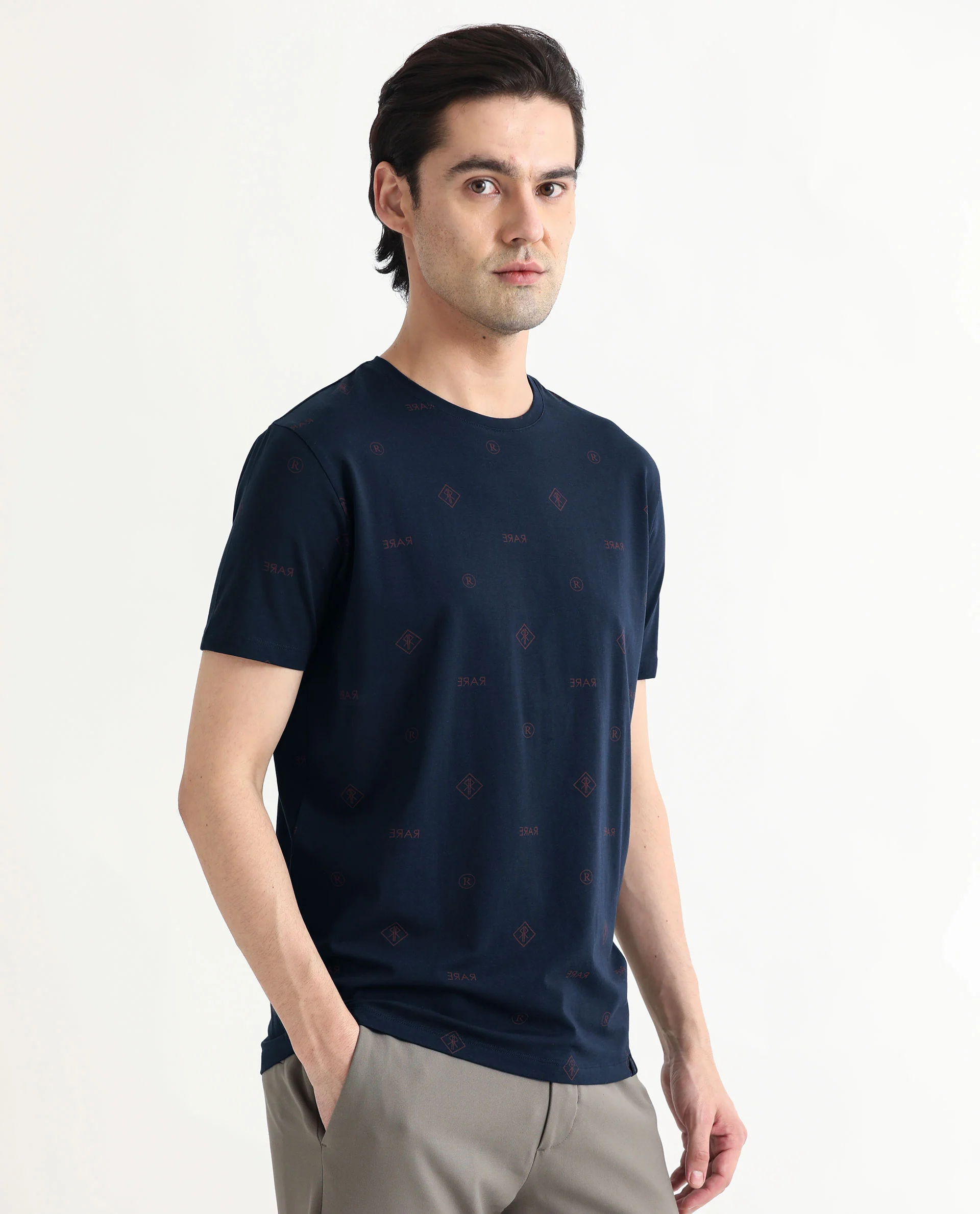 Rare Rabbit Men's Grammy Navy Cotton Monogram Print Slim Fit Half Sleeve Crew Neck T-Shirt - Image 7