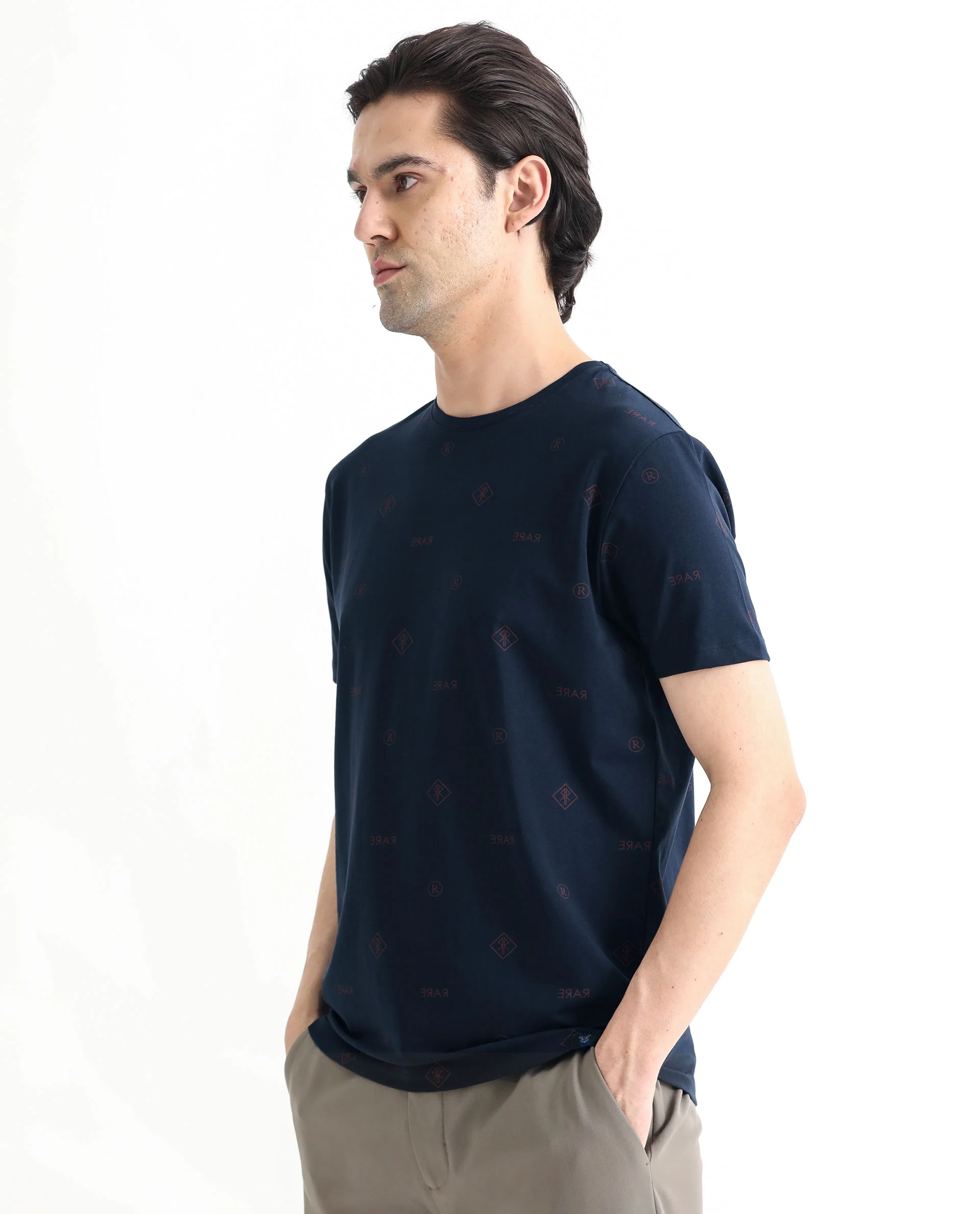 Rare Rabbit Men's Grammy Navy Cotton Monogram Print Slim Fit Half Sleeve Crew Neck T-Shirt - Image 8