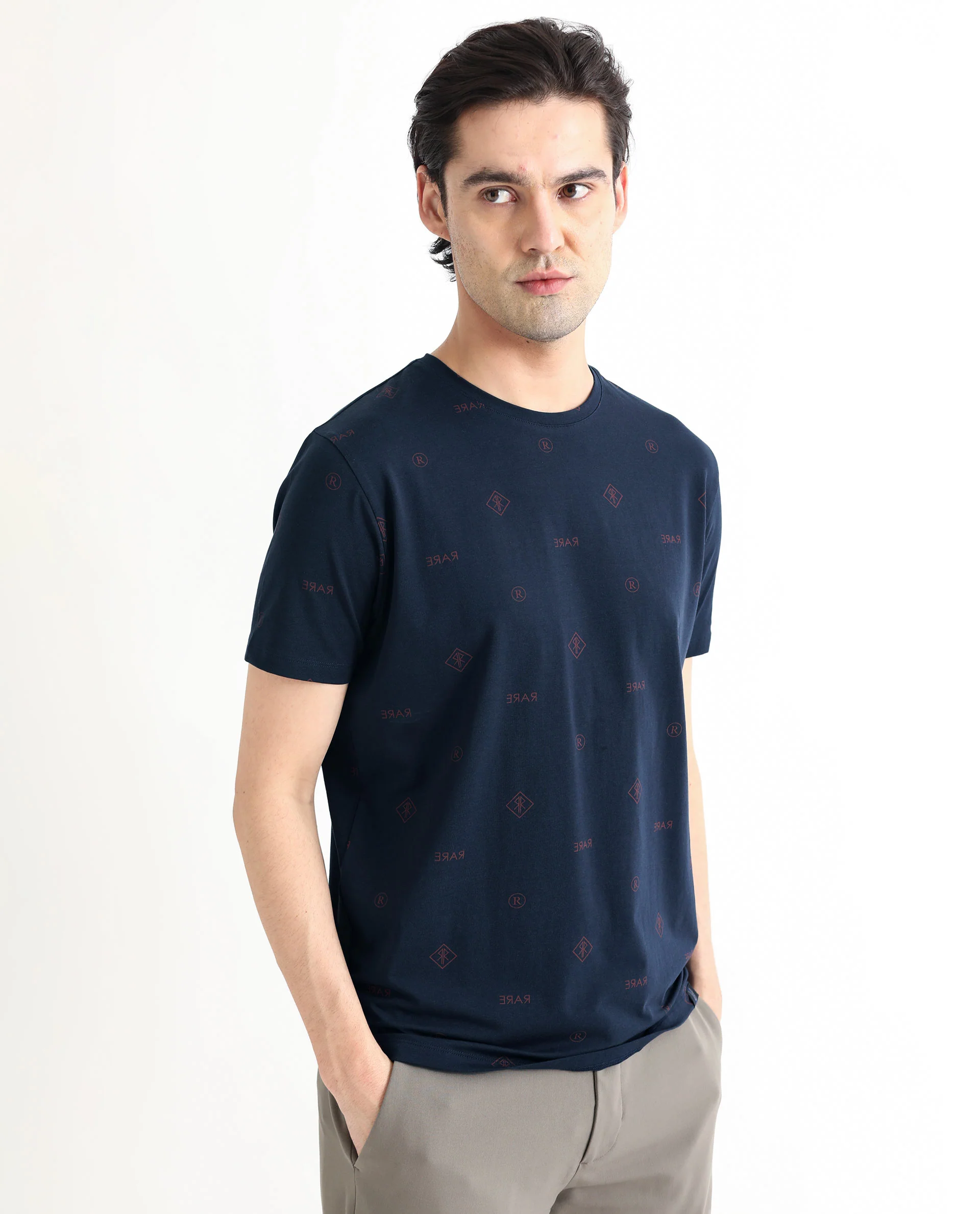 Rare Rabbit Men's Grammy Navy Cotton Monogram Print Slim Fit Half Sleeve Crew Neck T-Shirt - Image 9