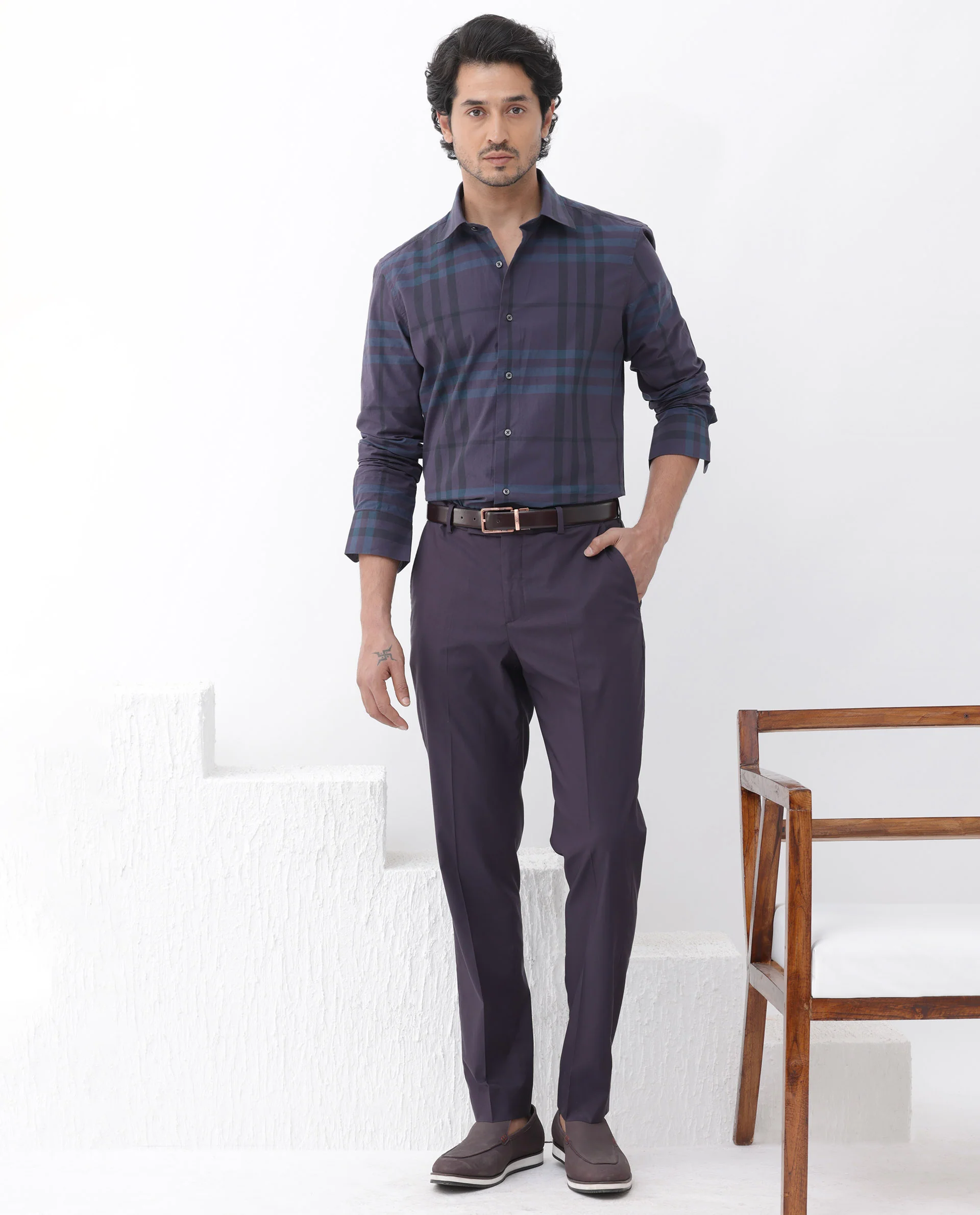 Rare Rabbit Men's Gramy Navy Cotton Checked Print Regular Fit Full Sleeve Collared Shirt - Image 2