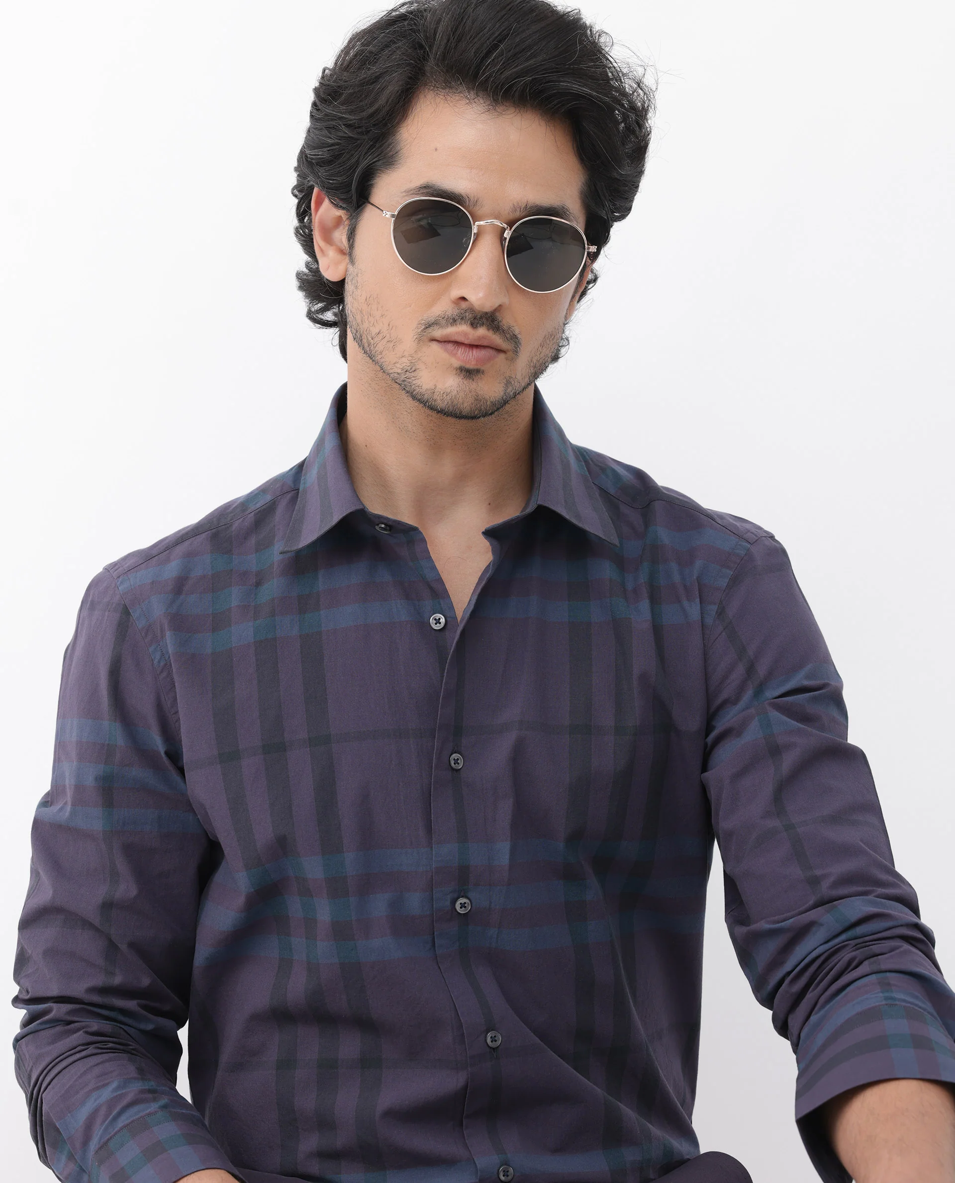 Rare Rabbit Men's Gramy Navy Cotton Checked Print Regular Fit Full Sleeve Collared Shirt - Image 3