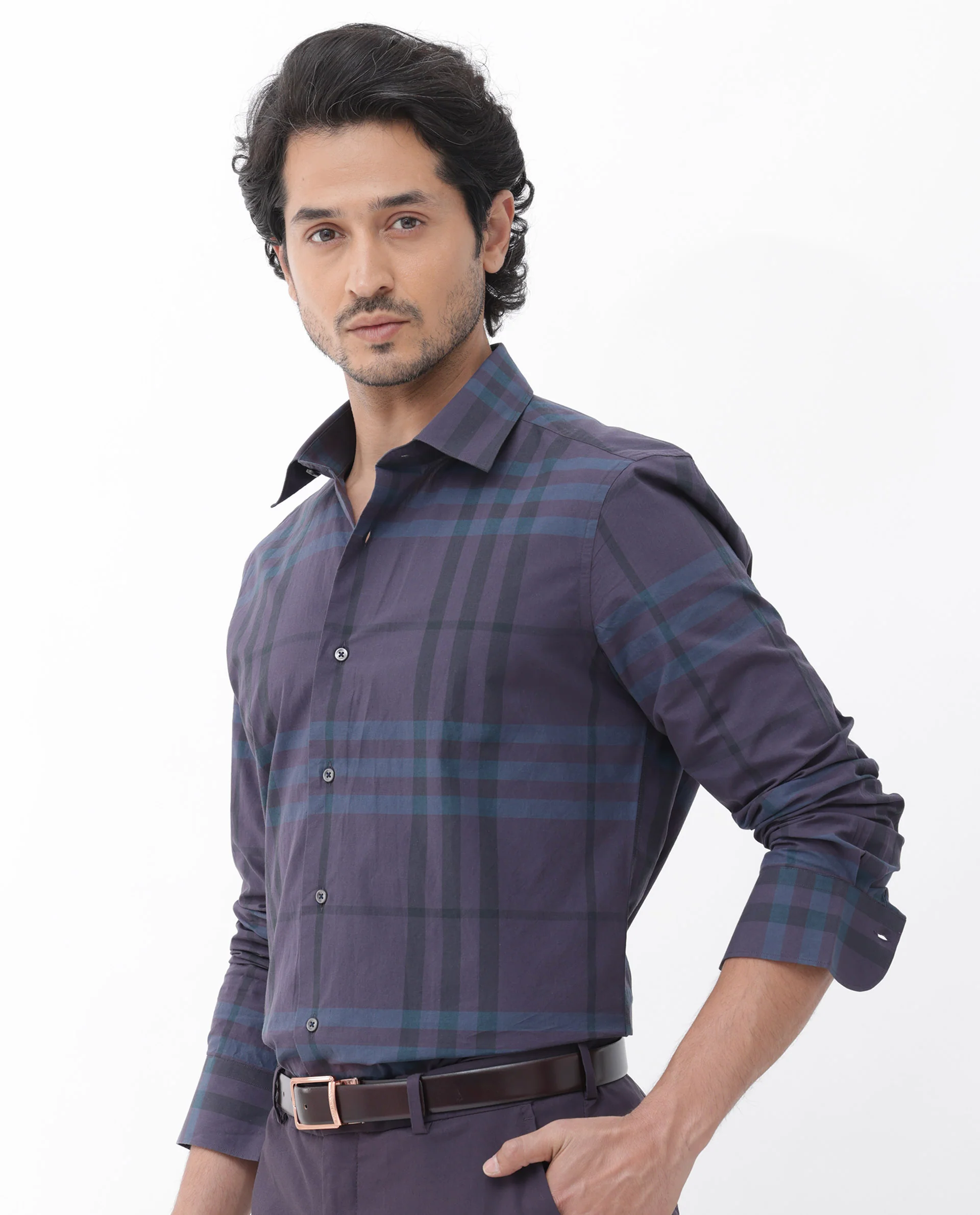 Rare Rabbit Men's Gramy Navy Cotton Checked Print Regular Fit Full Sleeve Collared Shirt - Image 7