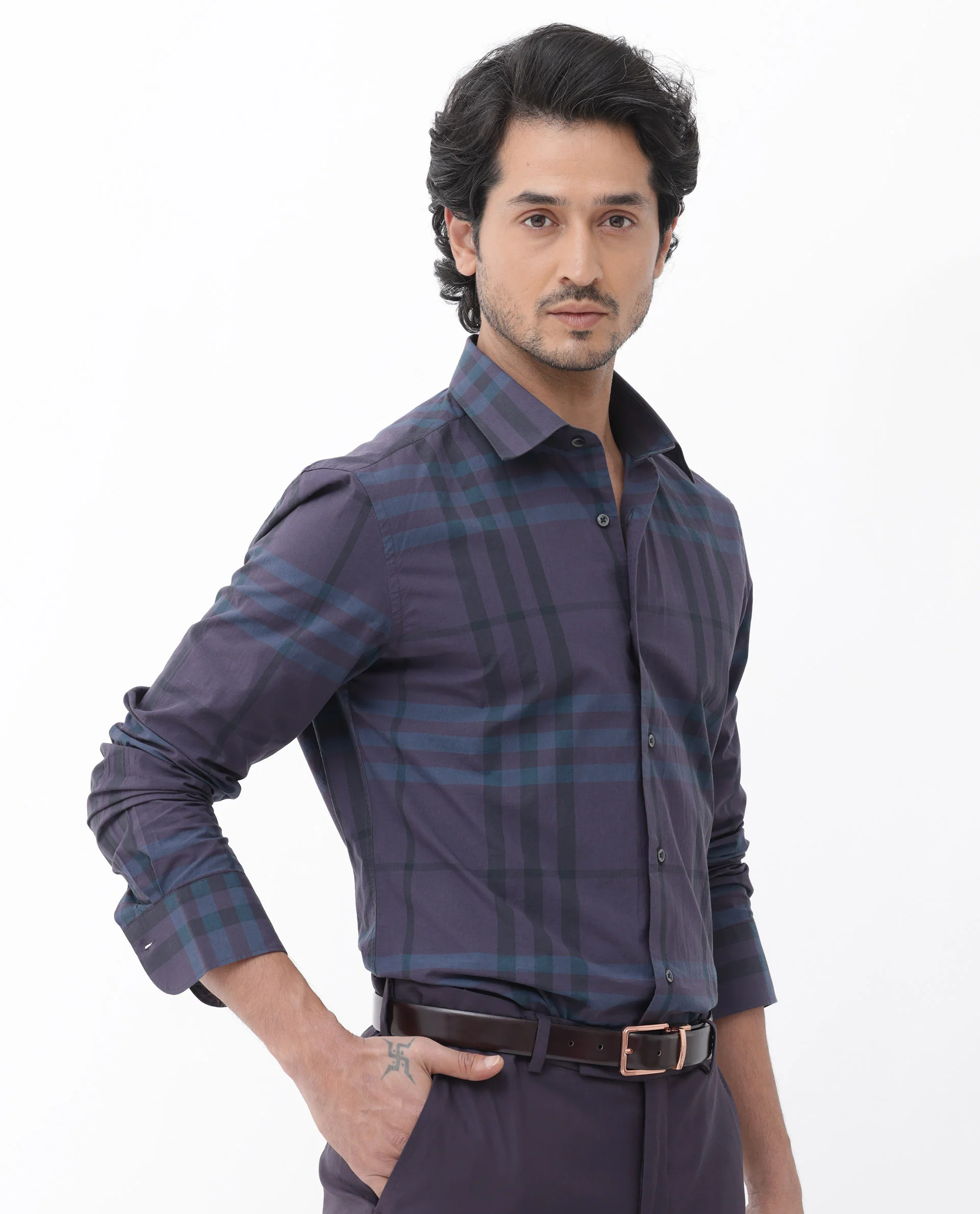 Rare Rabbit Men's Gramy Navy Cotton Checked Print Regular Fit Full Sleeve Collared Shirt - Image 8