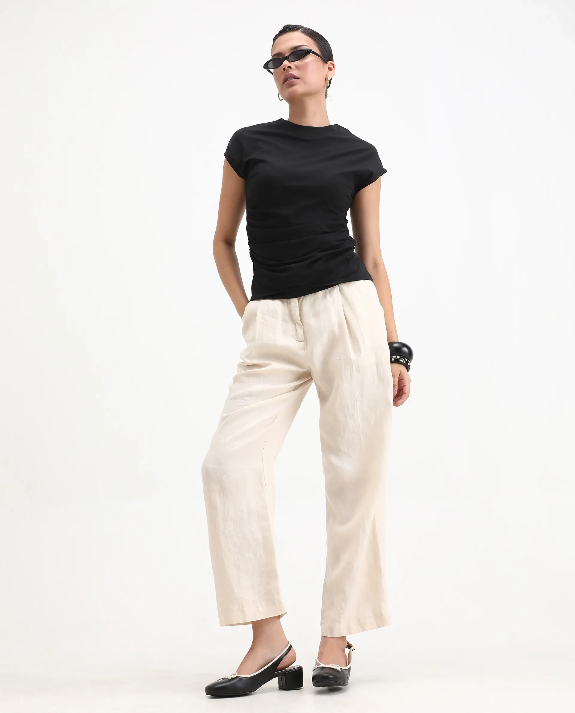 Rareism Women's Granden Black Cotton Crew Neck Plain Extended Sleeves Regular Fit Top - Image 2