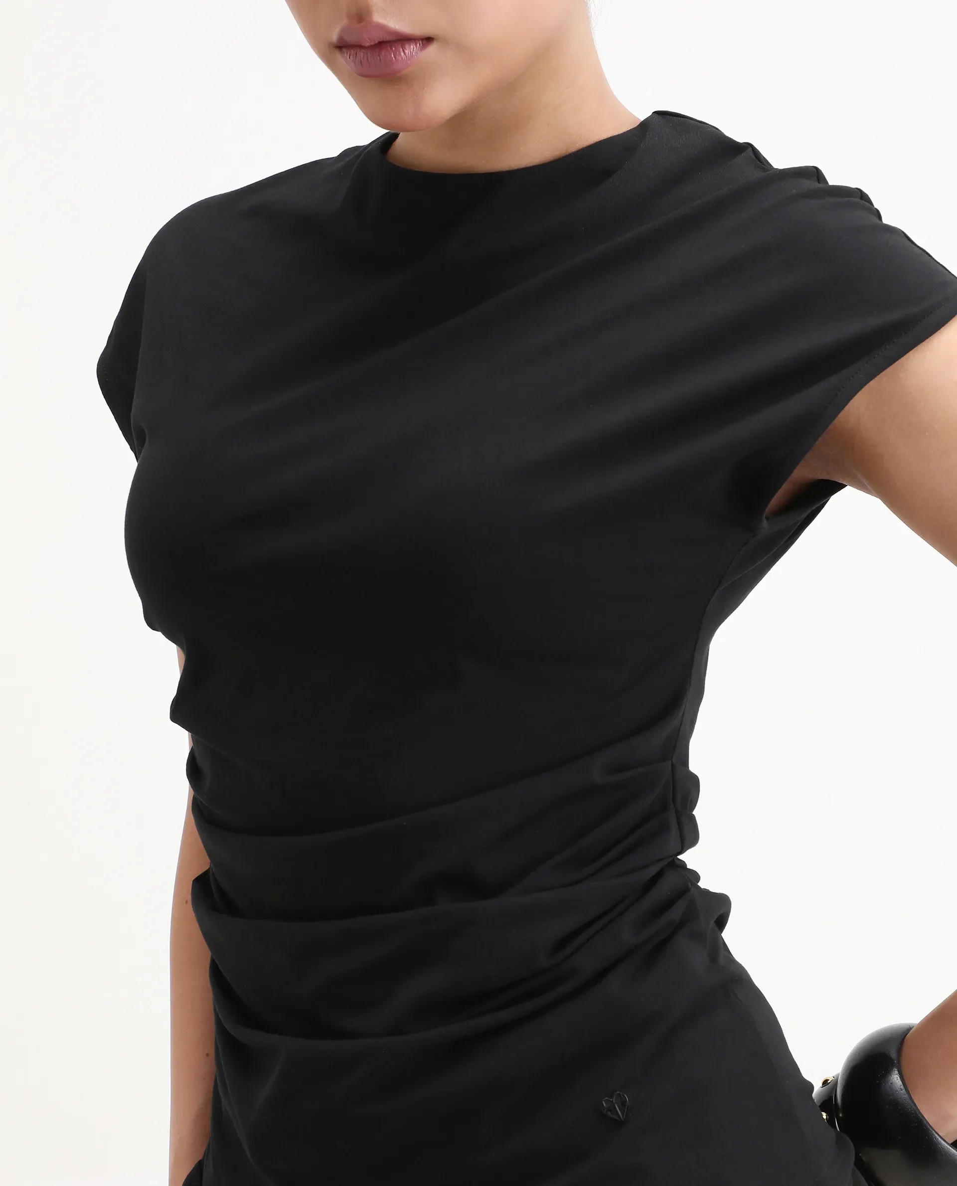 Rareism Women's Granden Black Cotton Crew Neck Plain Extended Sleeves Regular Fit Top - Image 3