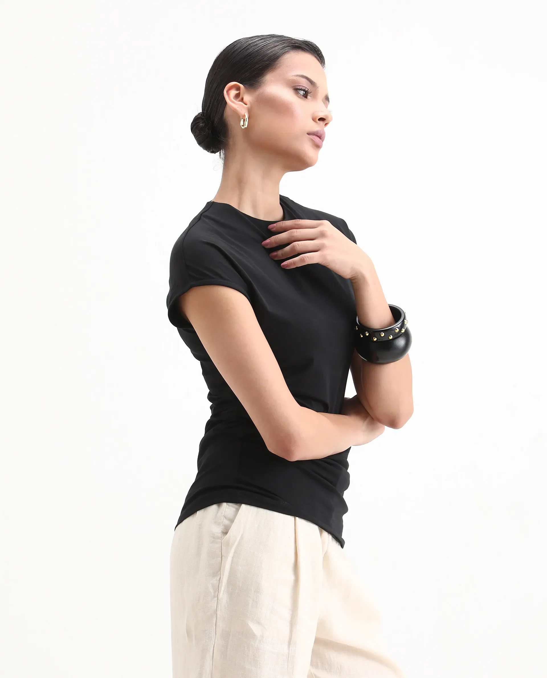 Rareism Women's Granden Black Cotton Crew Neck Plain Extended Sleeves Regular Fit Top - Image 4