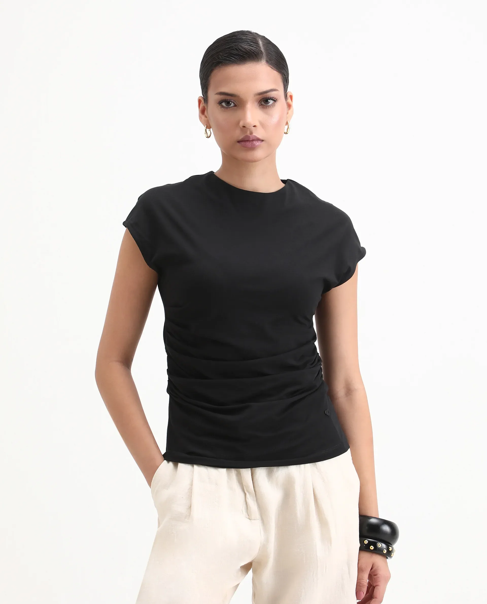 Rareism Women's Granden Black Cotton Crew Neck Plain Extended Sleeves Regular Fit Top - Image 6