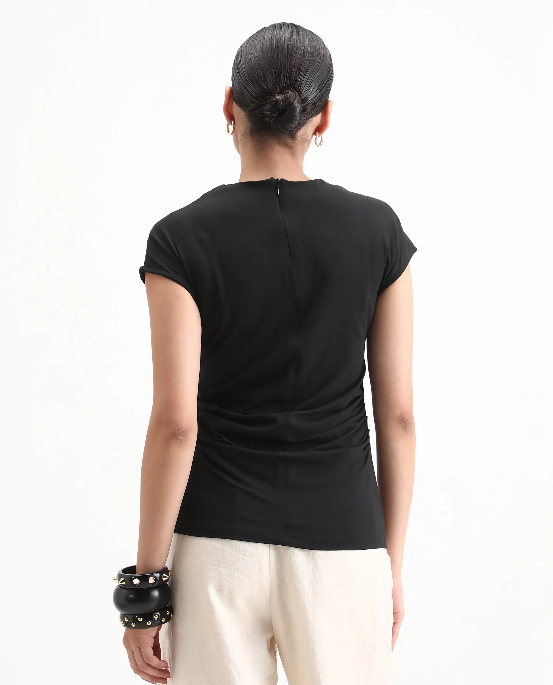 Rareism Women's Granden Black Cotton Crew Neck Plain Extended Sleeves Regular Fit Top - Image 7