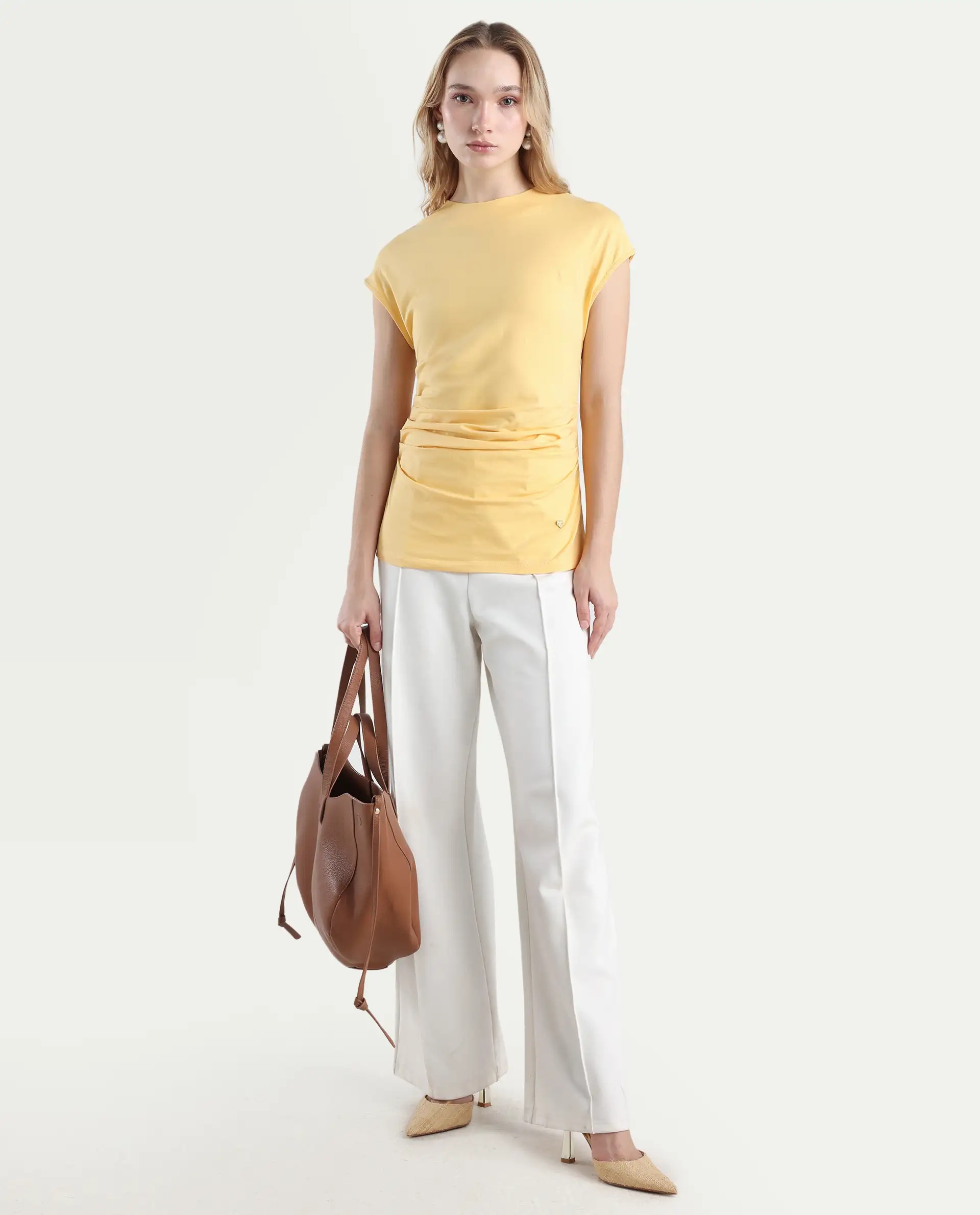 Rareism Women's Granden Light Yellow Cotton Crew Neck Plain Extended Sleeves Regular Fit Top - Image 2
