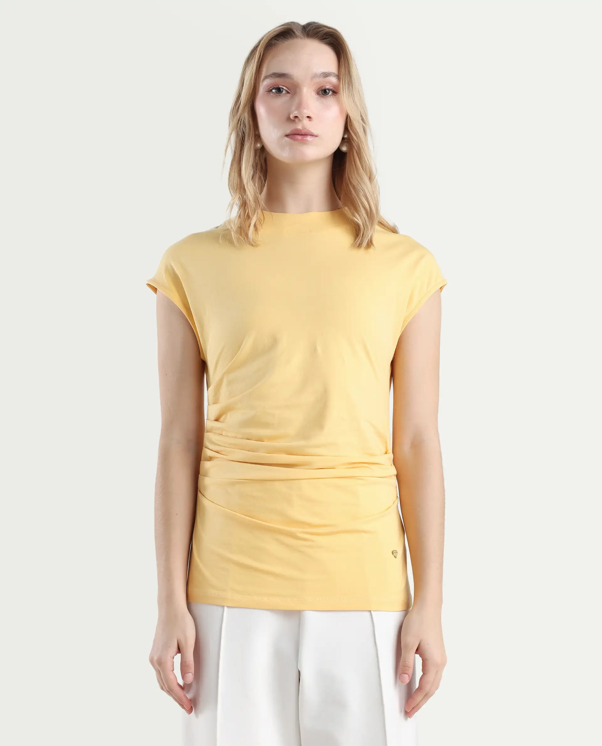 Rareism Women's Granden Light Yellow Cotton Crew Neck Plain Extended Sleeves Regular Fit Top - Image 3