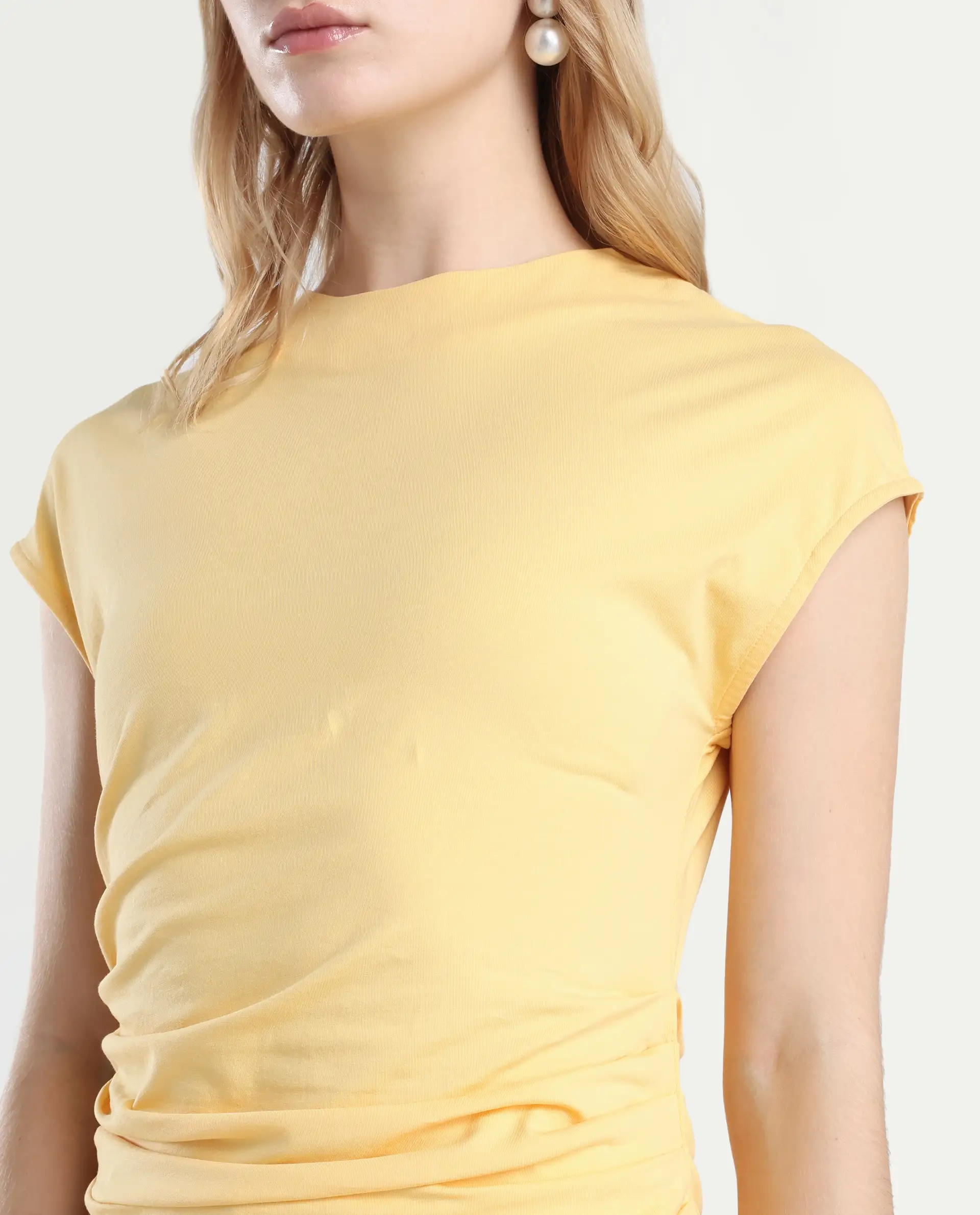 Rareism Women's Granden Light Yellow Cotton Crew Neck Plain Extended Sleeves Regular Fit Top - Image 4
