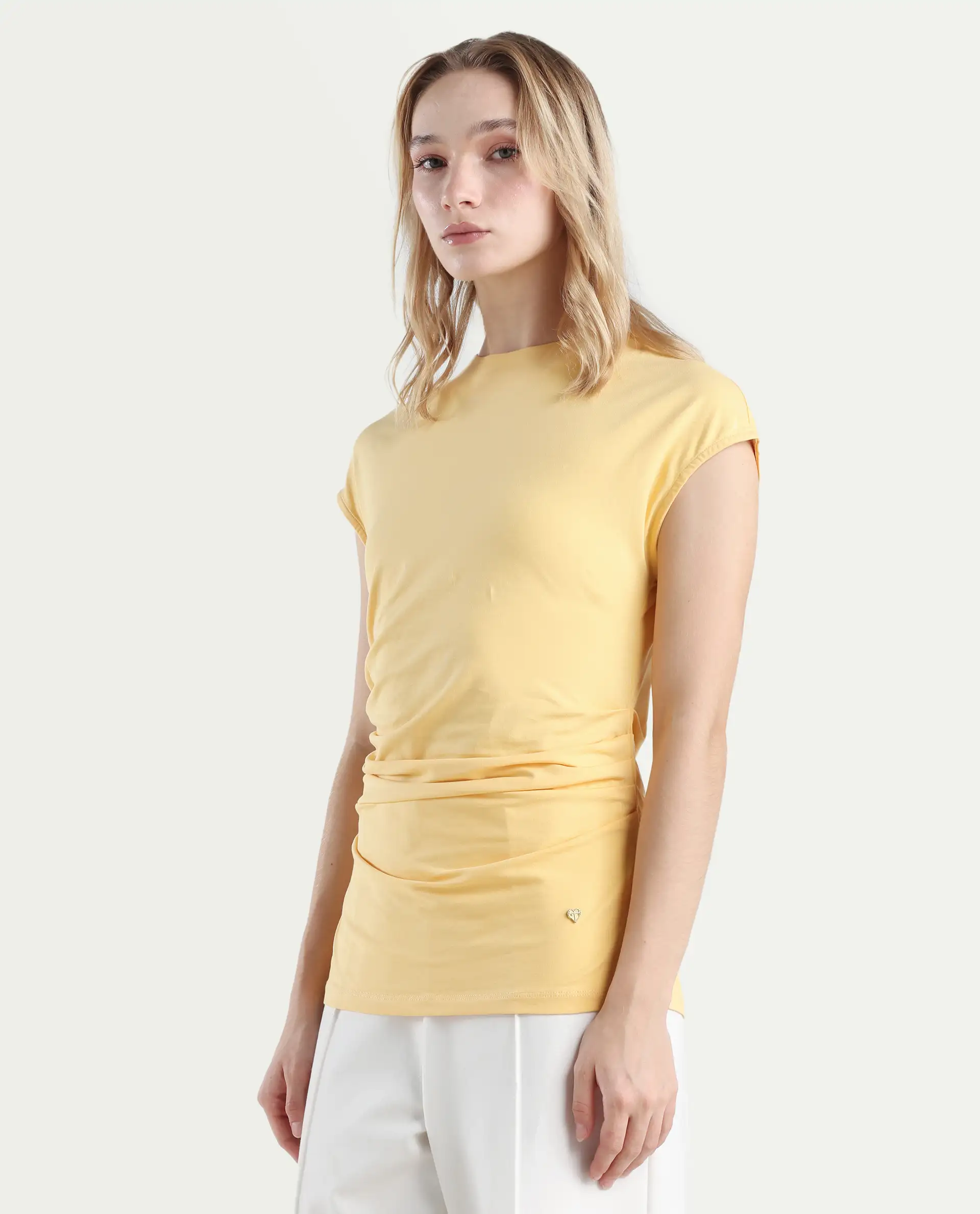Rareism Women's Granden Light Yellow Cotton Crew Neck Plain Extended Sleeves Regular Fit Top - Image 6