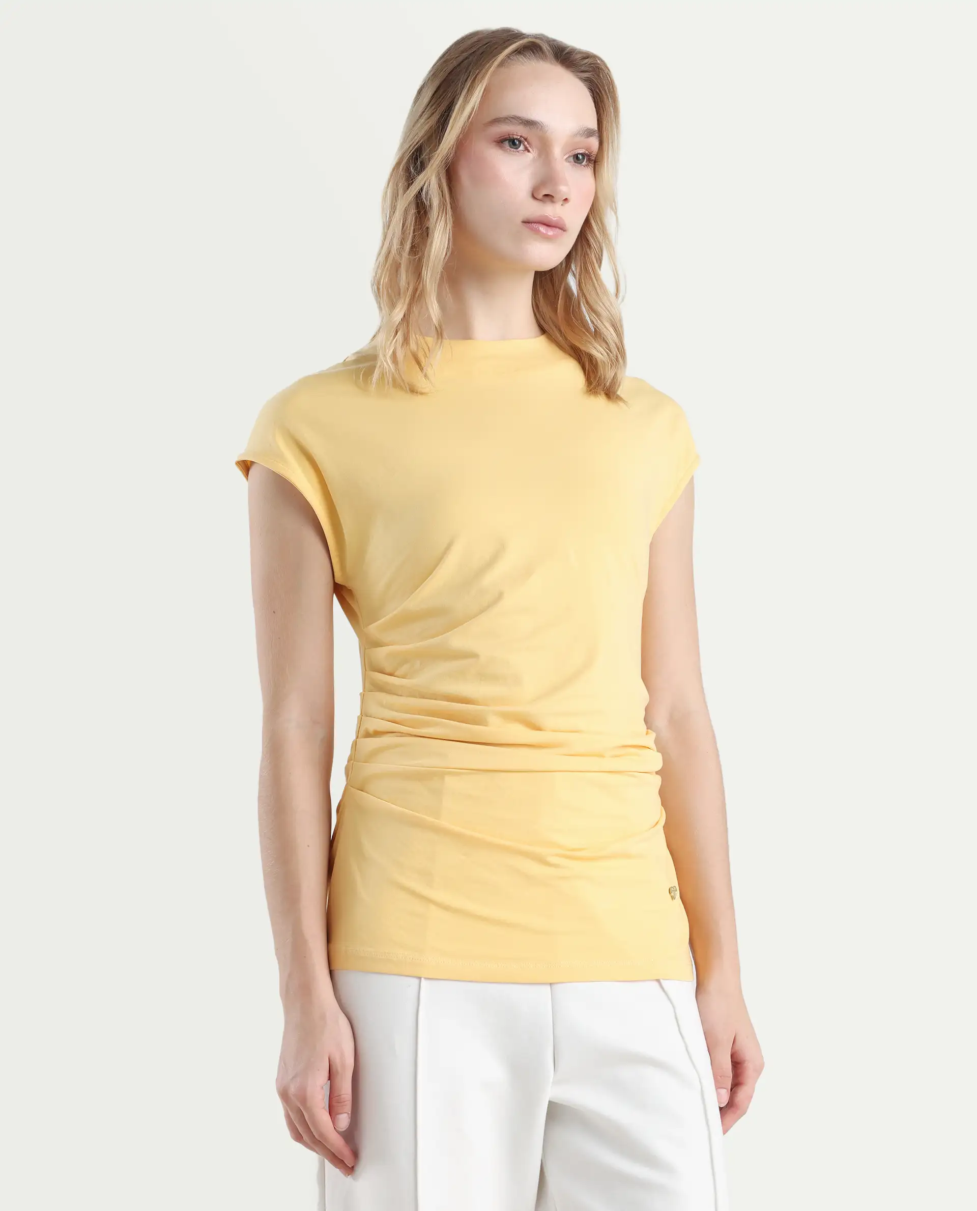Rareism Women's Granden Light Yellow Cotton Crew Neck Plain Extended Sleeves Regular Fit Top - Image 7