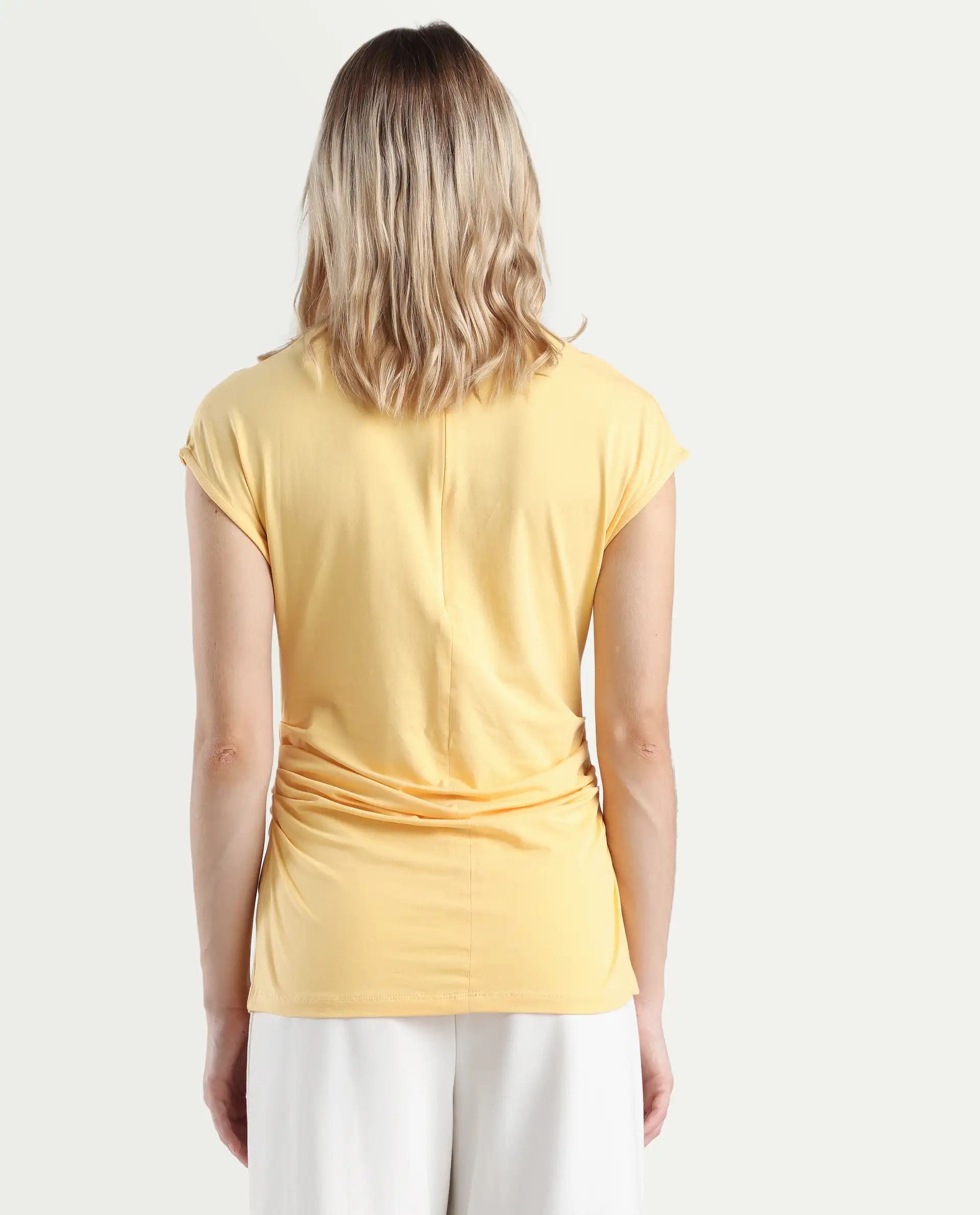 Rareism Women's Granden Light Yellow Cotton Crew Neck Plain Extended Sleeves Regular Fit Top - Image 8