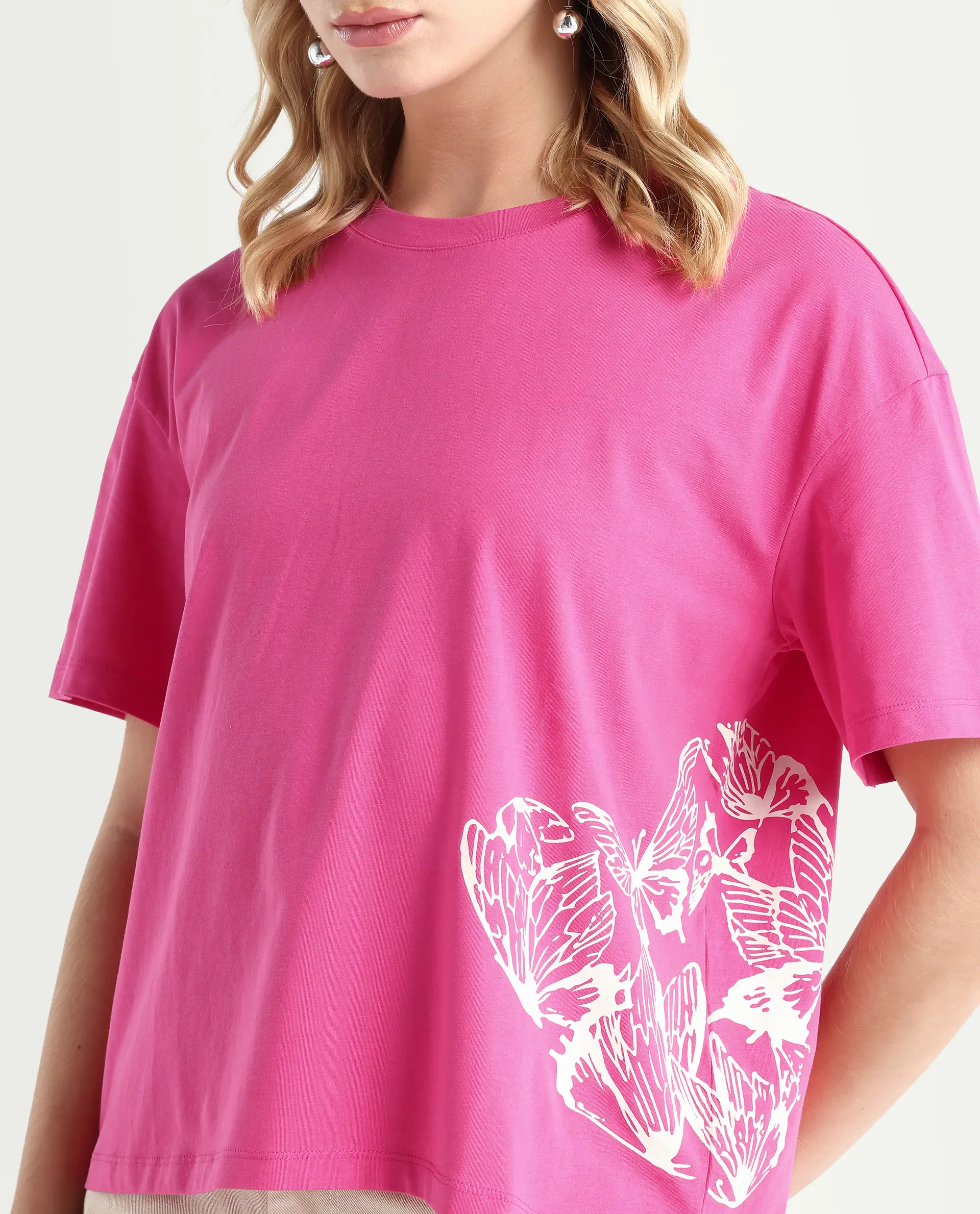 Rareism Women's Grando Flouroscent Pink Cotton Blend Crew Neck Graphic Print Boxy Fit T-Shirt