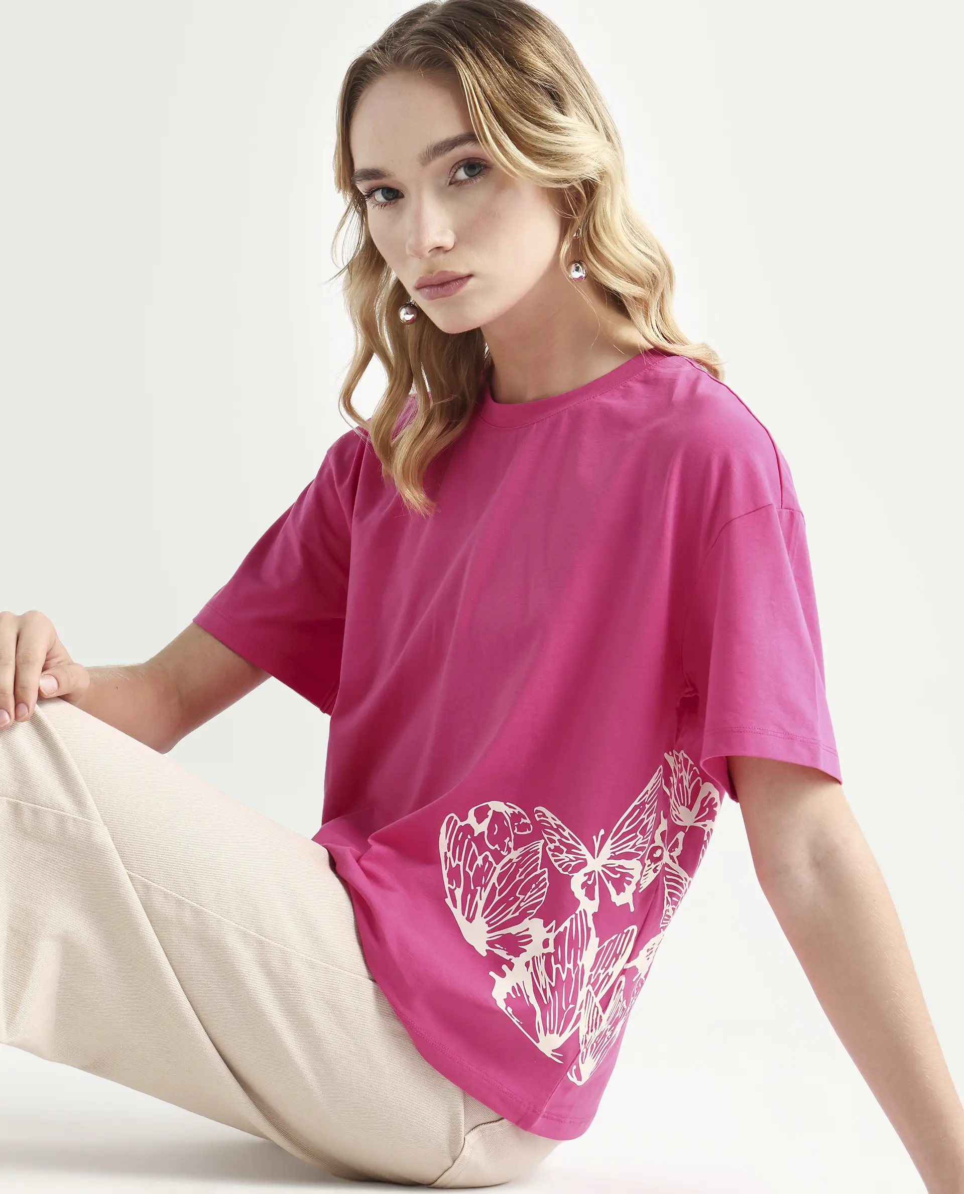 Rareism Women's Grando Flouroscent Pink Cotton Blend Crew Neck Graphic Print Boxy Fit T-Shirt - Image 3