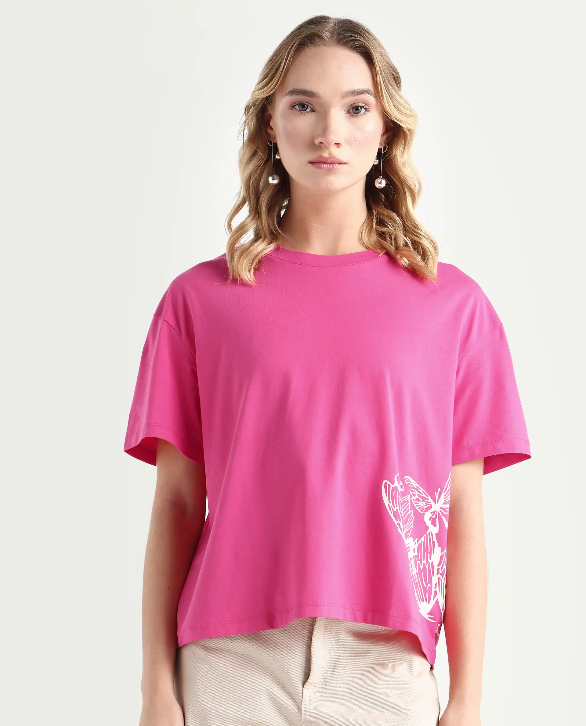 Rareism Women's Grando Flouroscent Pink Cotton Blend Crew Neck Graphic Print Boxy Fit T-Shirt - Image 4