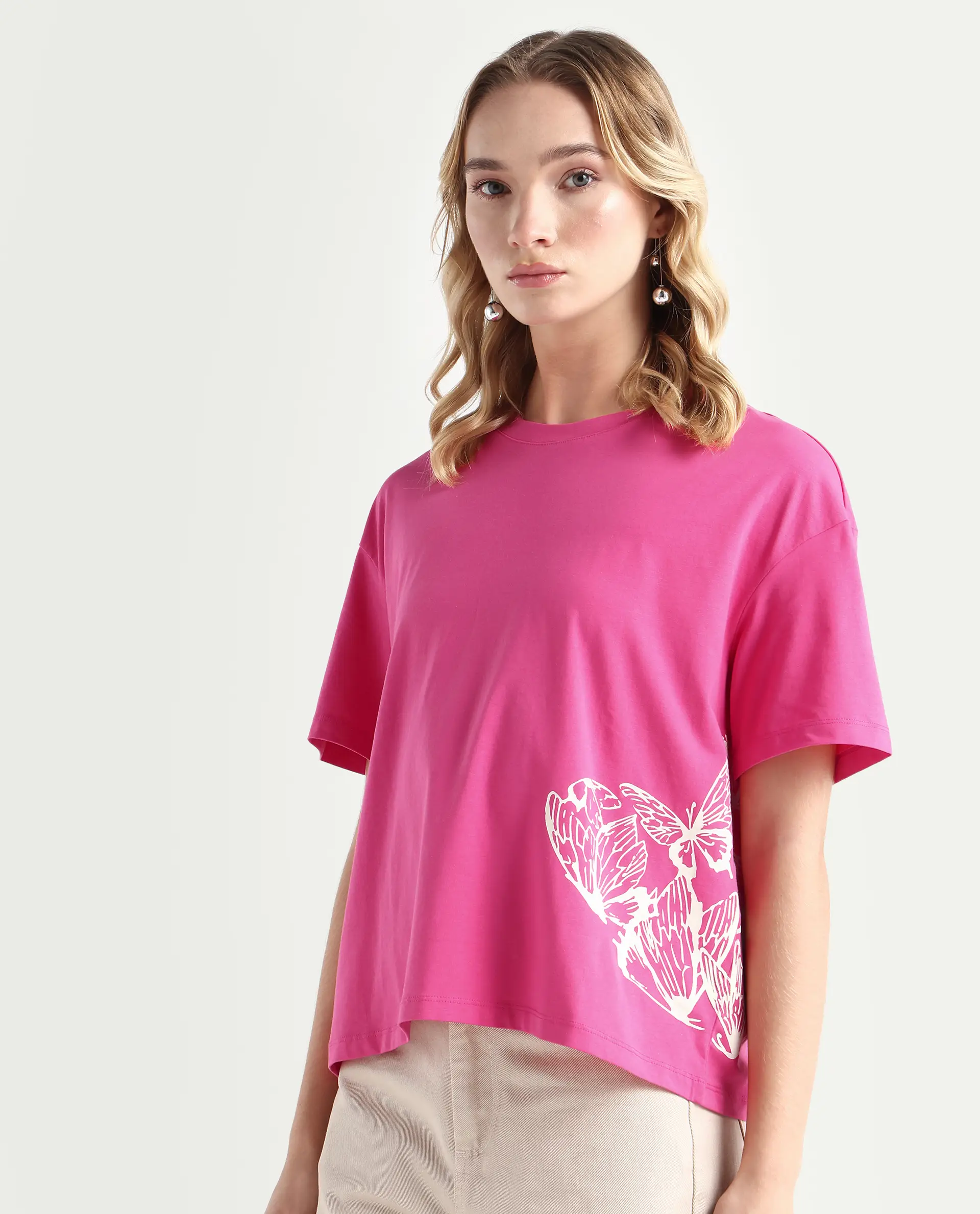 Rareism Women's Grando Flouroscent Pink Cotton Blend Crew Neck Graphic Print Boxy Fit T-Shirt - Image 5