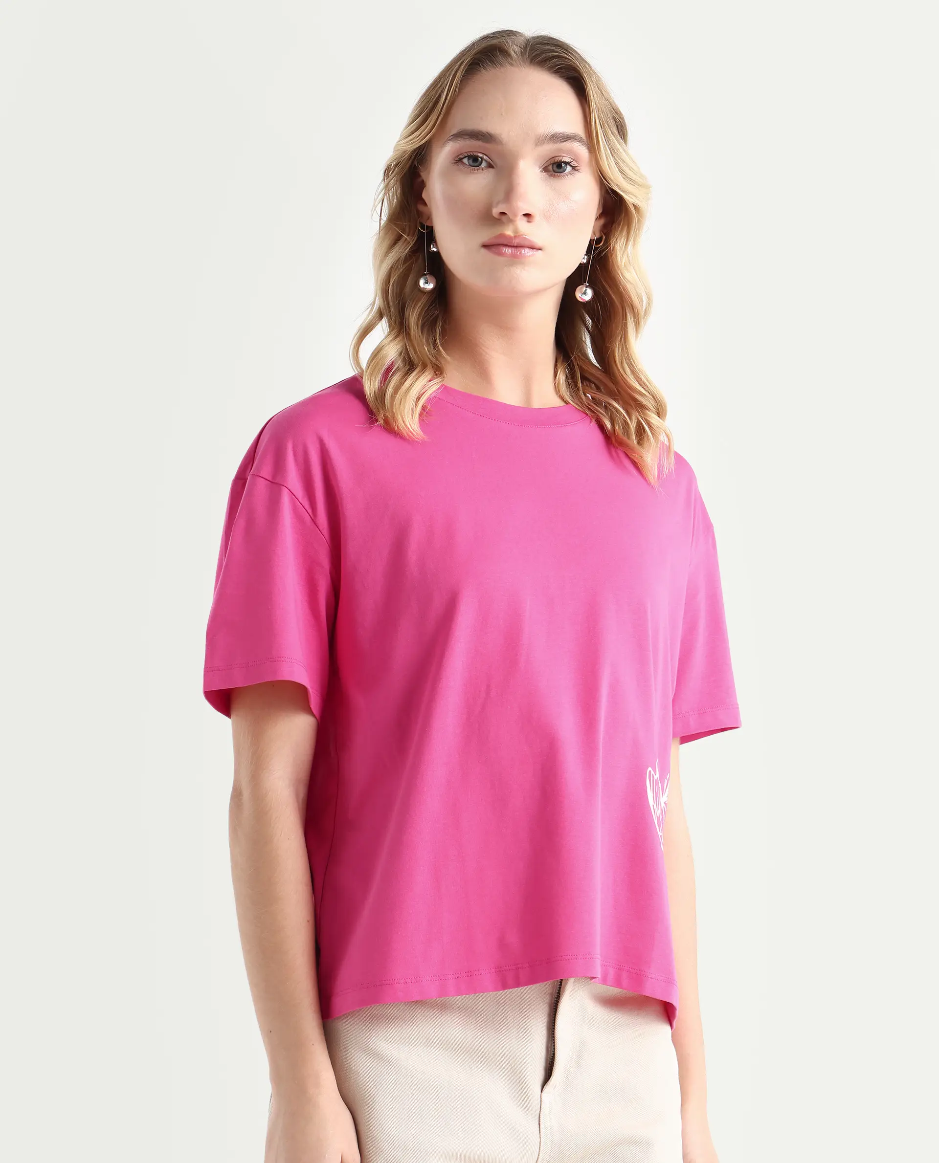 Rareism Women's Grando Flouroscent Pink Cotton Blend Crew Neck Graphic Print Boxy Fit T-Shirt - Image 6