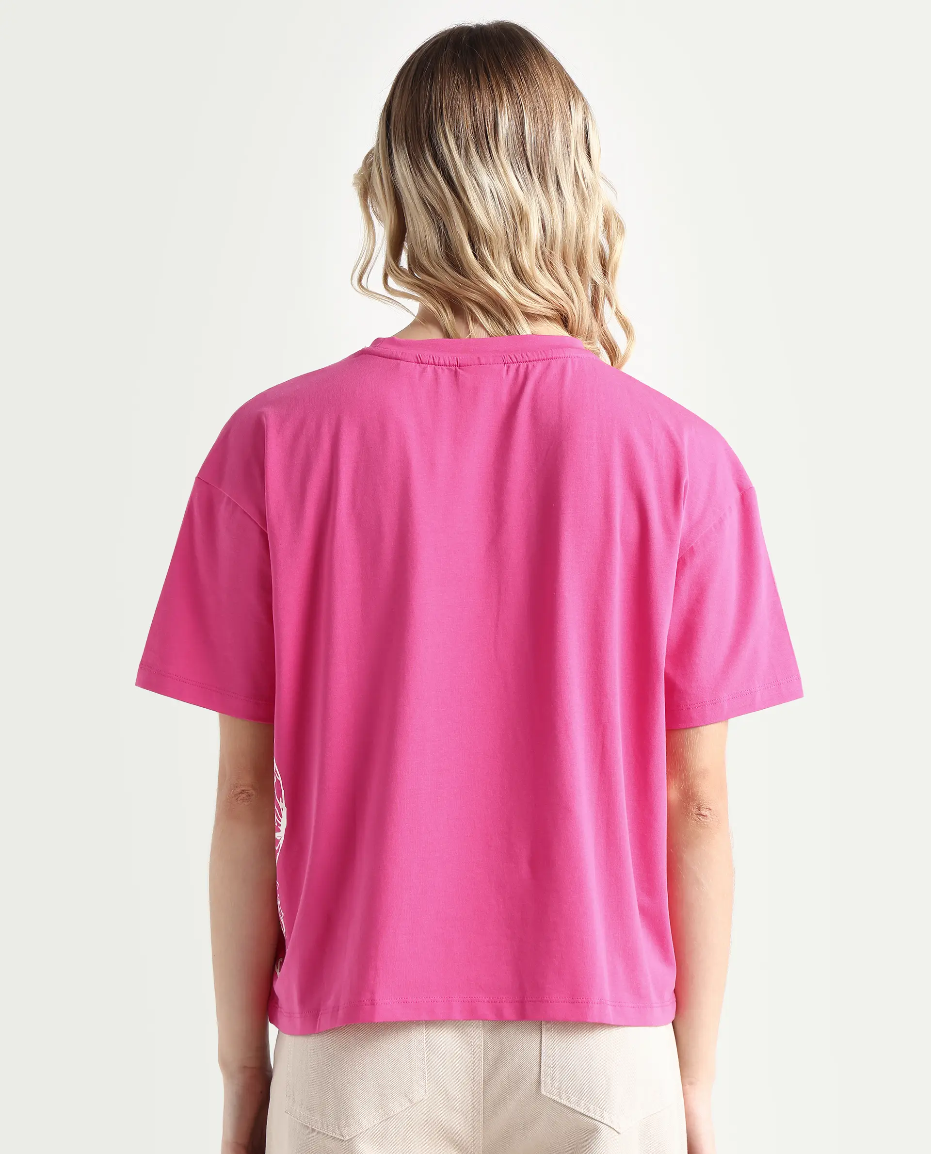 Rareism Women's Grando Flouroscent Pink Cotton Blend Crew Neck Graphic Print Boxy Fit T-Shirt - Image 7